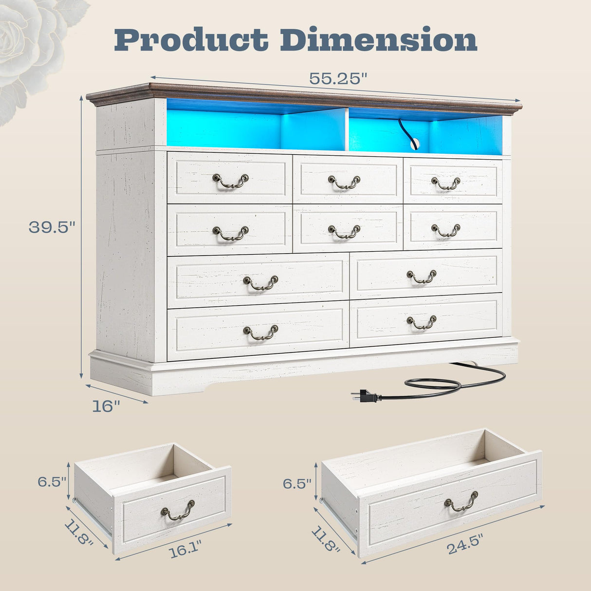 Romorgniz 10 Drawer White Dresser for Bedroom, Large Farmhouse Dresser with LED Lights & Charging Station for Bedroom Romorgniz