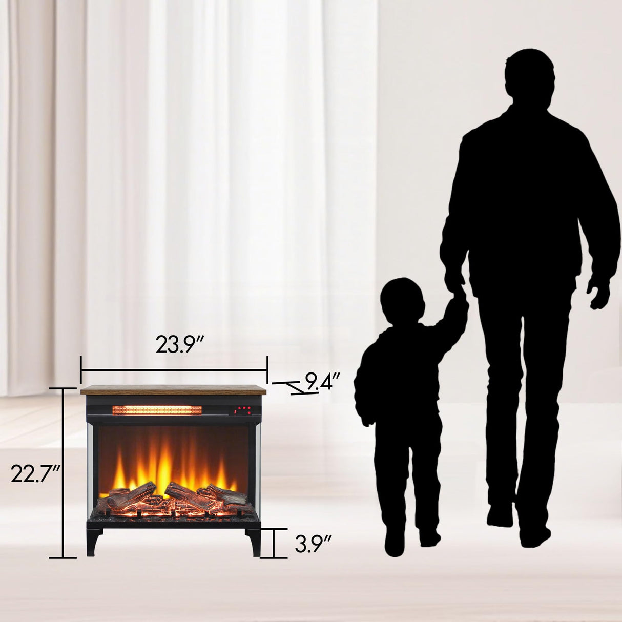 Innoflame 24" Electric Fireplace Heater, 3-Sided Glass & Wooden Top Design, Adjustable 4 Flame Colors, Remote, Timer, 1500W Infrared Heater w/Overheat Protection, Fireplace Heaters for Indoor use Innoflame