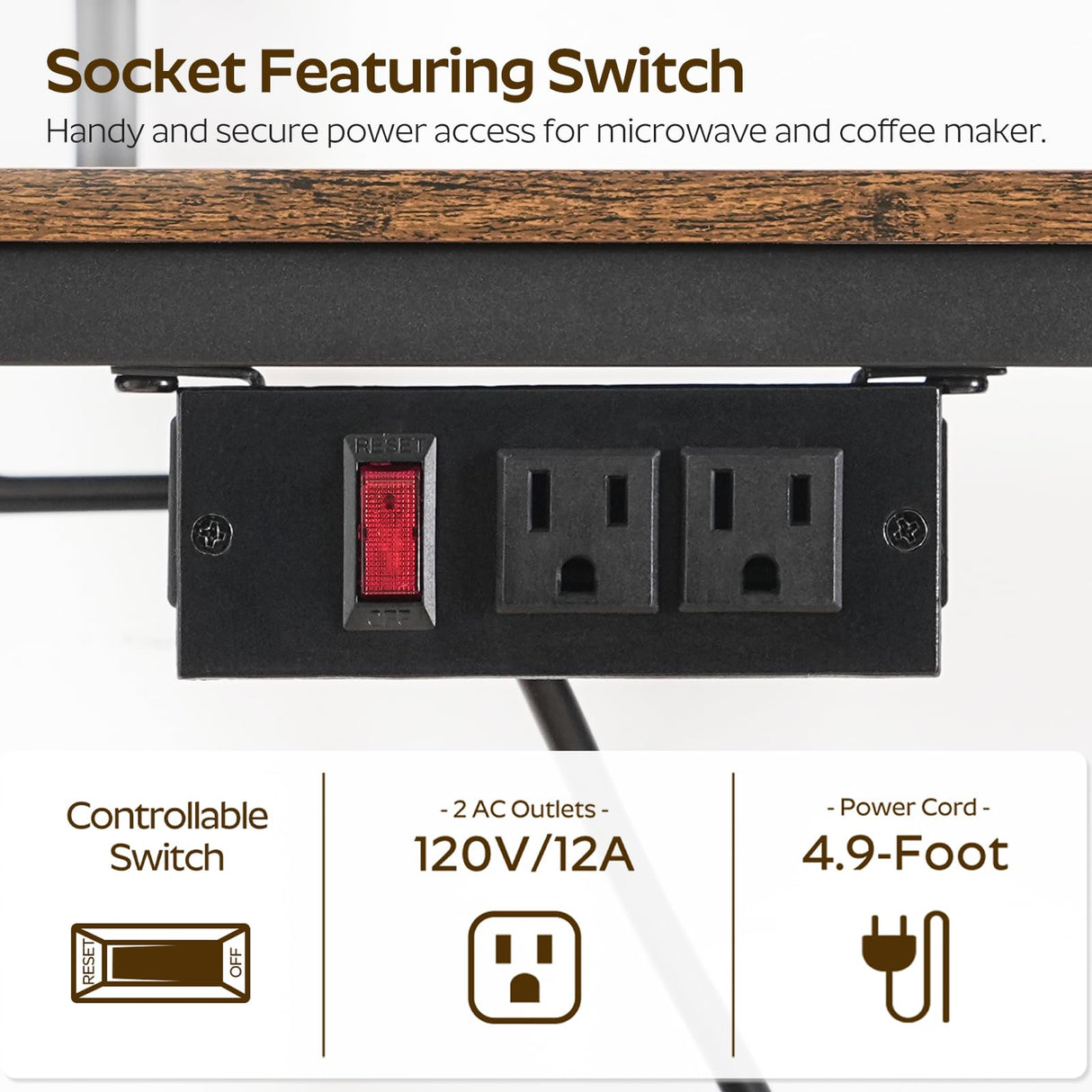 YATINEY Bakers Rack, 4-Tier Microwave Stand, Bakers Rack with Power Outlet, Kitchen Storage Rack with Wine Glass Holder and Paper Holder, for Kitchen, Dining Room, Living Room, Rustic Brown HB02UBR YATINEY