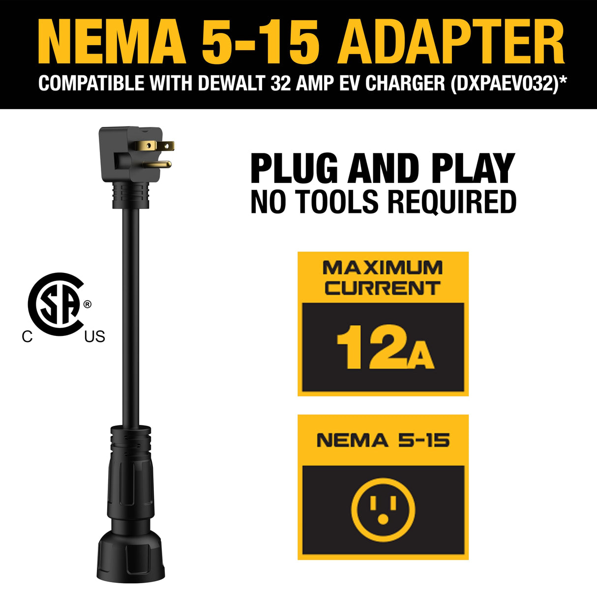 NEMA 15-15 Adapter, 12A/120V, Compatible with DEWALT 32 Amp Portable EV Charger, High Power Connector, Easy to Connect, No Tools Required DEWALT