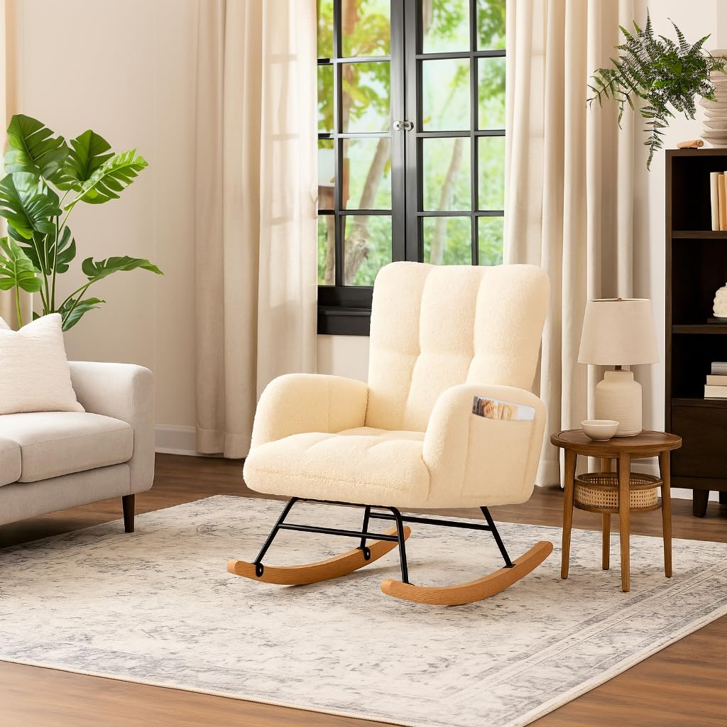 COMHOMA Nursery Rocking Chair, Teddy Upholstered Glider with Side Pockets, Accent Chair with High Backrest Reading Chair for Adult, Nursery, Bedroom, Living Room,Offices(Beige) COMHOMA