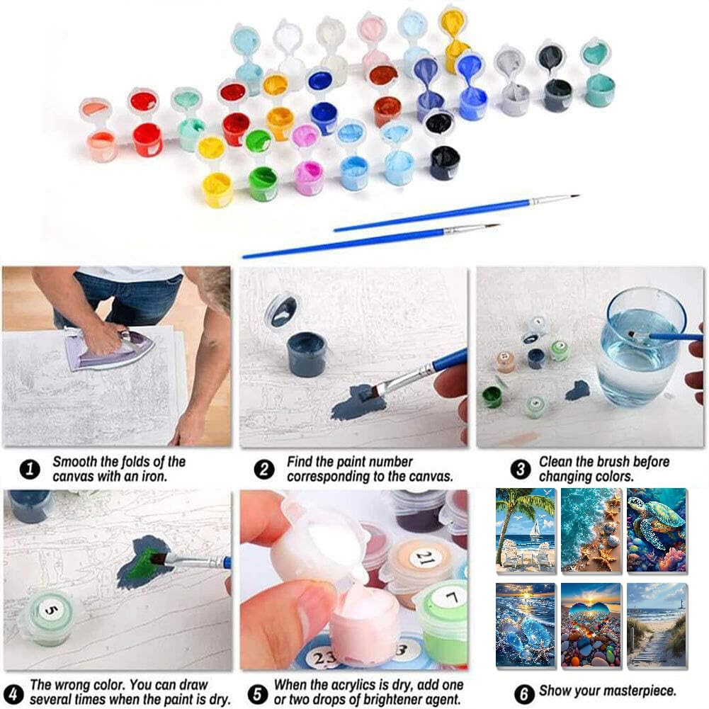 6 Pack Paint by Numbers Kits with Framed for Adults Beginners, Beach Paint by Number Kits on Canvas with Wooden Easel, DIY Acrylic Oil Painting Kits with Brushes for Home Wall Decor (8x12 inch) Mrnsiet