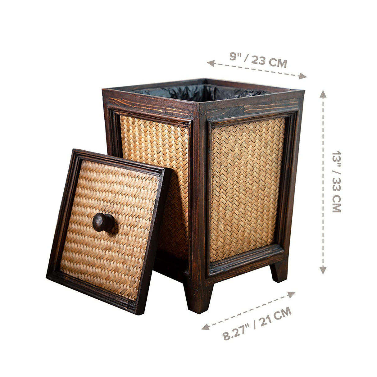 Primo Supply Rattan 7L Trash Can - Hand Woven Brown Square Garbage Bin with Lid - Small Wooden Bathroom Kitchen Decorative Waste Basket Primo Supply