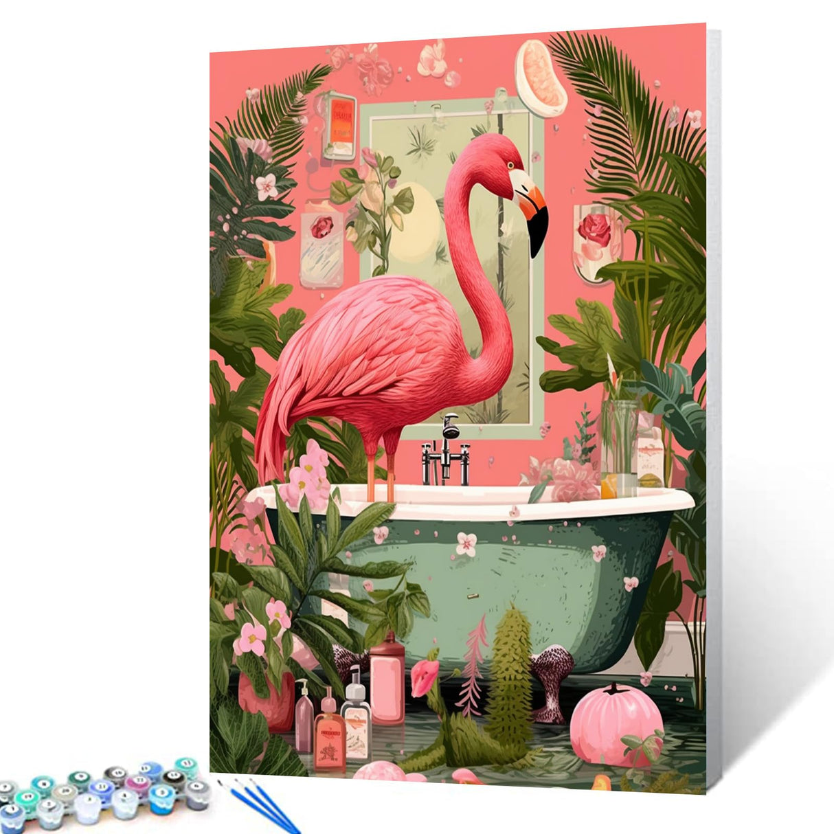 Bathtub Jungle Animal Paint By Bumbers For Adults Beginner Bathroom Pink Flamingo DIY Paint by Numbers Acrylic Paint Canvas Pink Bedroom Decor Painting Kits Pink House Art 16x20 Inch(without Frame ) Tucocoo