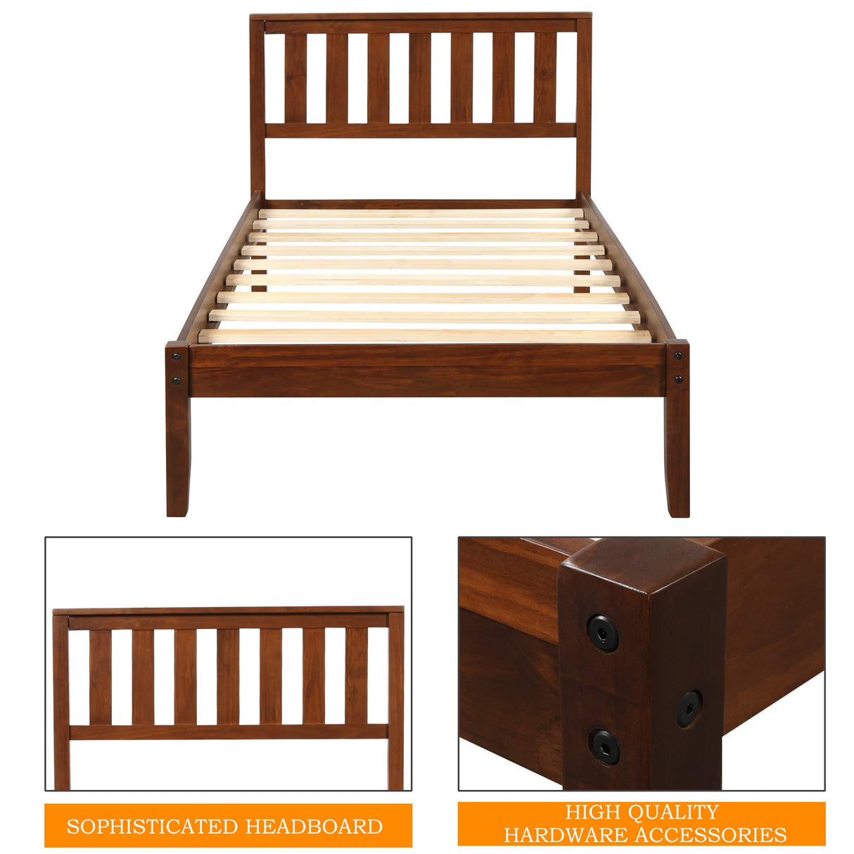 SOFTSEA Twin Platform Bed Frame with Storage, Farmhouse Bed Frame with Headboard for Kids Teens, Wood Slats, Easy Assembly, Walnut SOFTSEA