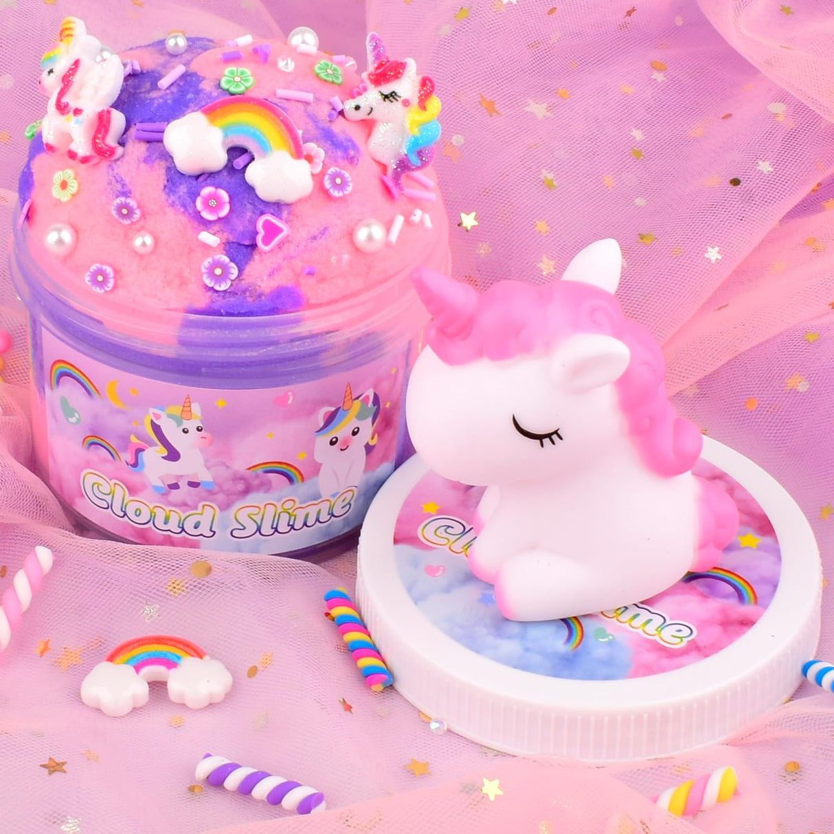 Unicorn Cloud Slime for Kids – Pink & Purple DIY Slime with Unicorn & Rainbow Charms –Stretchy Toy for Girls&Boys – Soft Scented Sensory Gift for Kids WUJYLY