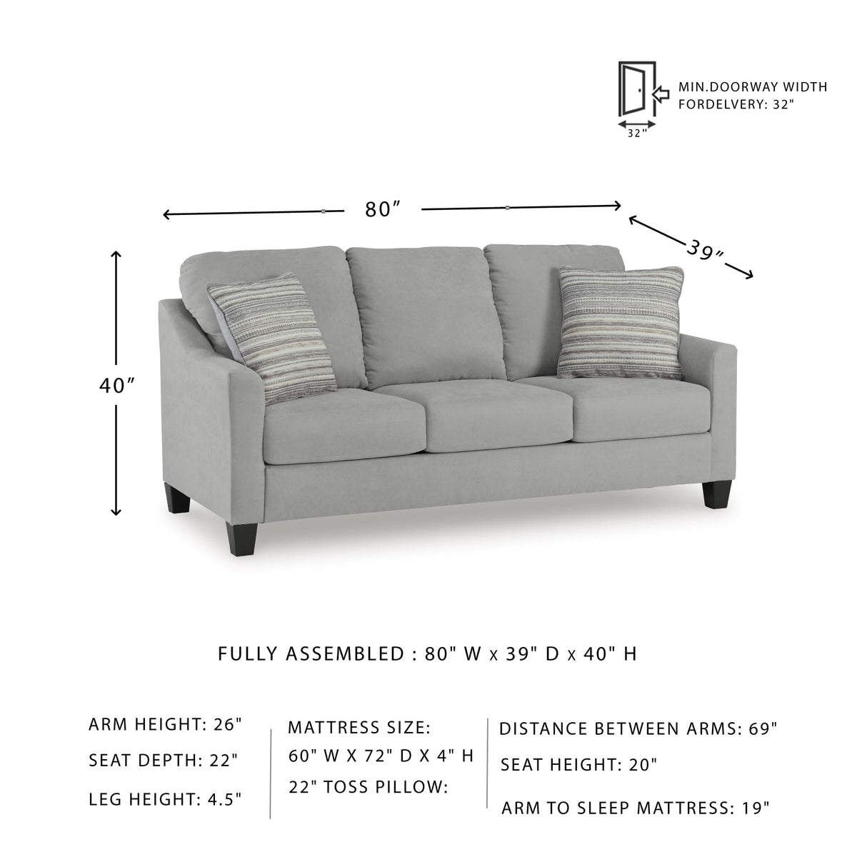 Signature Design by Ashley Adlai Casual 2-in-1 Queen Sofa Sleeper with Folding Memory Foam Mattress and 2 Toss Pillows, Light Gray Signature Design by Ashley