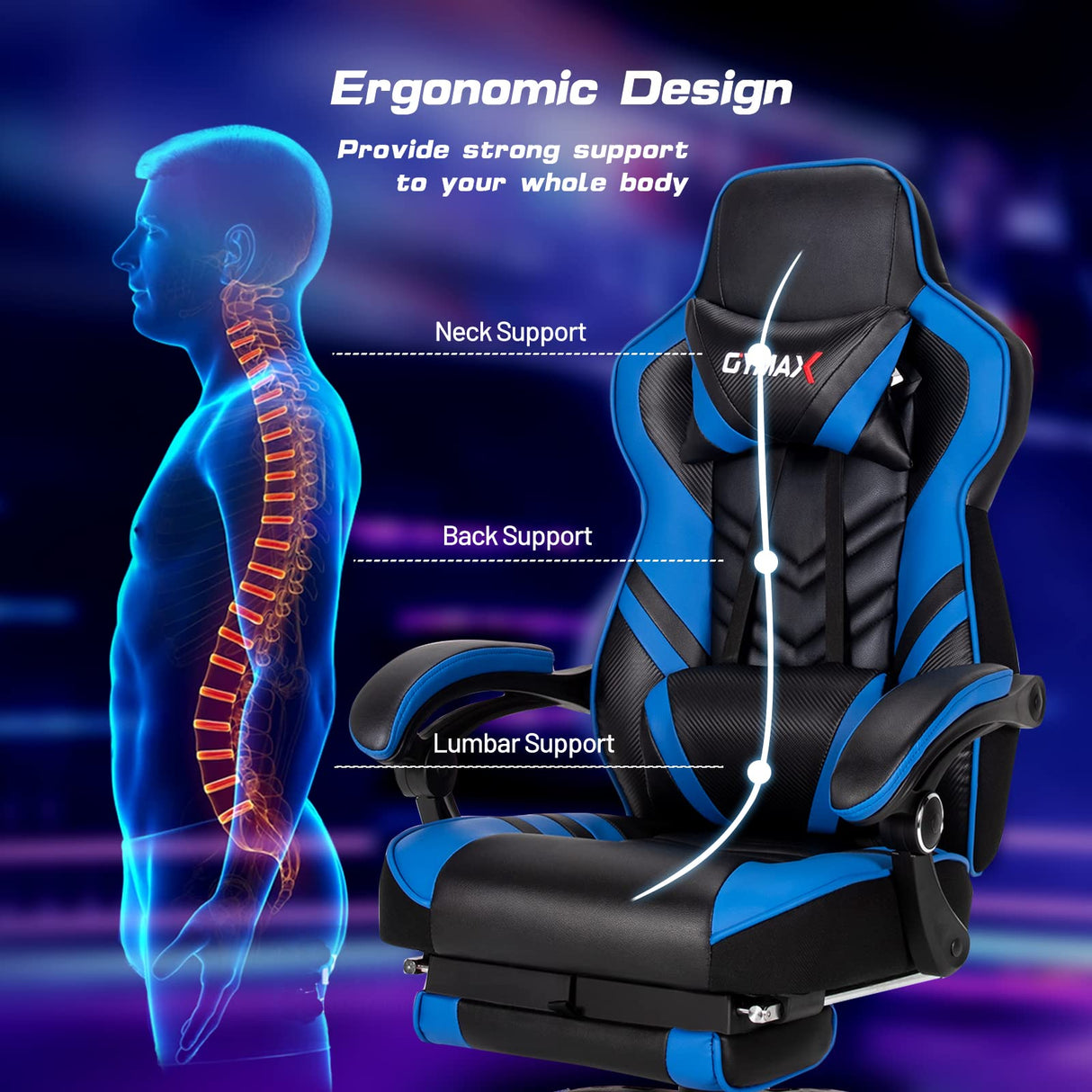 Blue Gaming Chair Ergonomic Computer Chair for Adults Teens Reclining Gamer Chair High Back Game Chair Racing Style Desk Chair with Retractable Footrest, Lumbar Support and Headrest TOMANOR