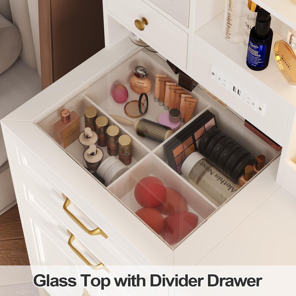 BTHFST Makeup Vanity Desk with Mirror and Lights & Charging Station & Makeup Stool, Vanity Table Set with Glass Top Storage Drawer & Beach & 3 Shelves for Bedroom (Modern White & Gold) BTHFST