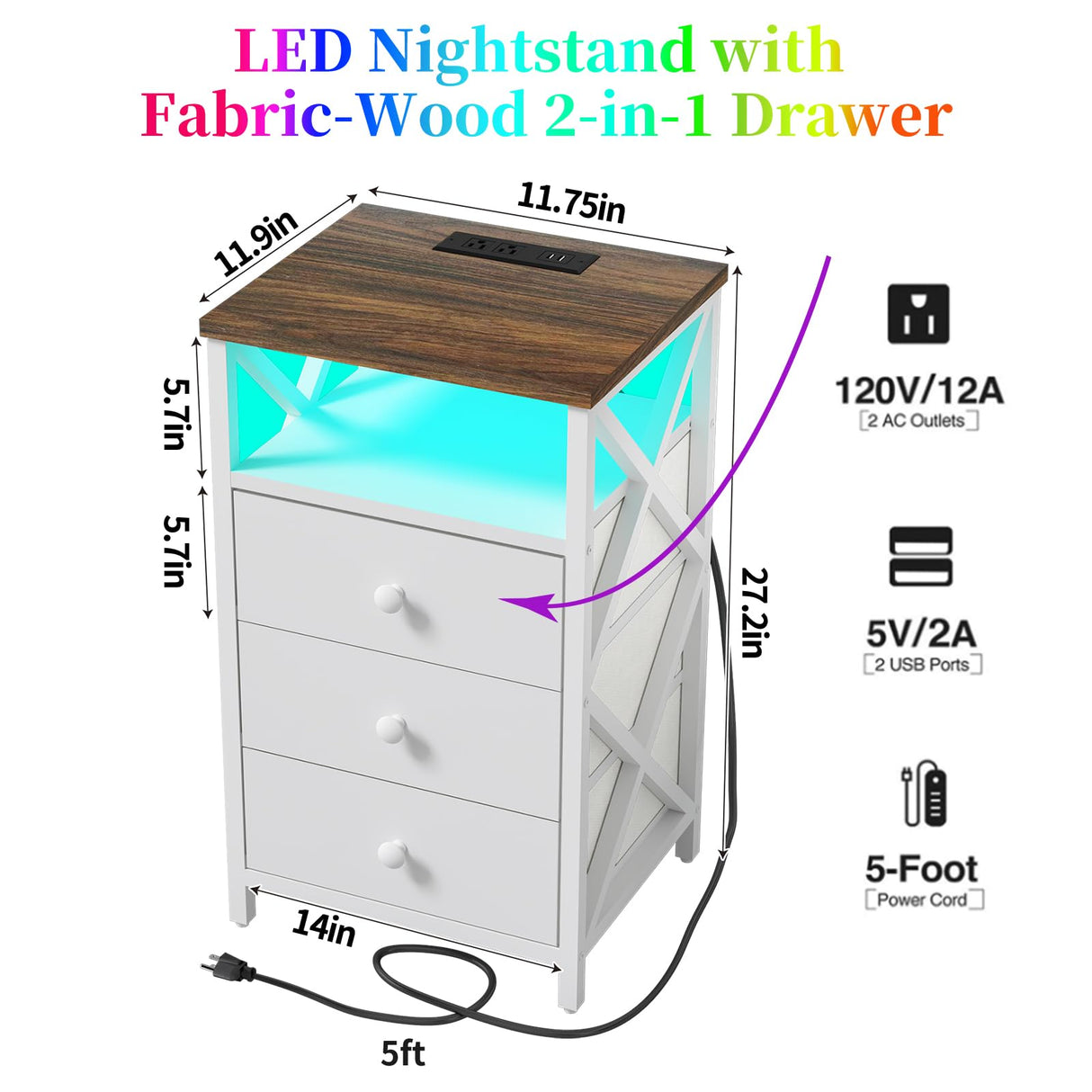 LTTDOUK LED Nightstand with Charging Station, Tall Dresser for Bedroom with LED Light, Side Table Bedside Tables with USB Ports and Outlets, White End Table with Drawer for Bedroom, Living Room LTTDOUK