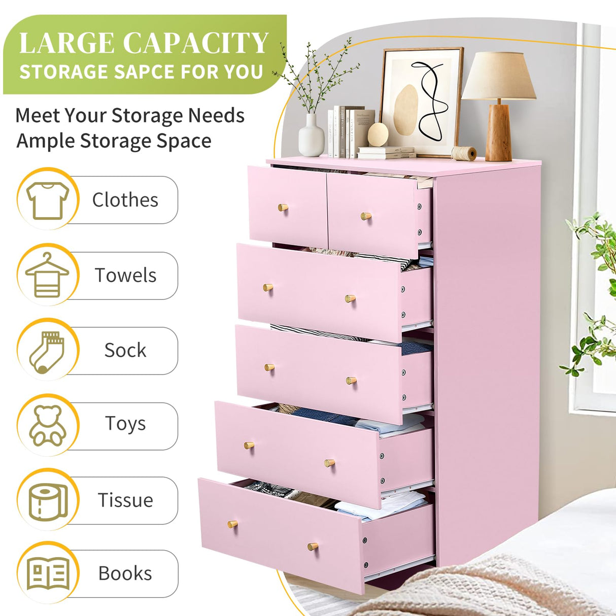 Karl home Pink 6 Drawer Dresser for Bedroom, Tall Dresser Chest of Drawers, Rustic Wood Bedroom Dressers Clothes Organizer, Anti-Tipping Device, Rose Gold Metal Handle, Living Room, Entryway, Office Karl home