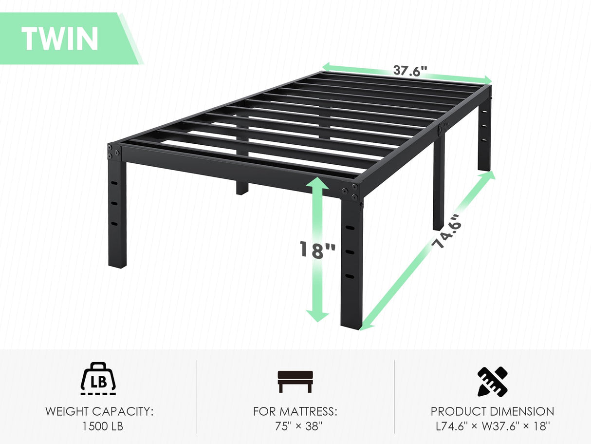 QEROMY Twin Bed Frame - 18 in Sturdy Platform Bed Frame Twin Size, Heavy Duty Metal Bed Frame No Box Spring Needed, Quick & Easy Assembly, No Noise, Black QEROMY
