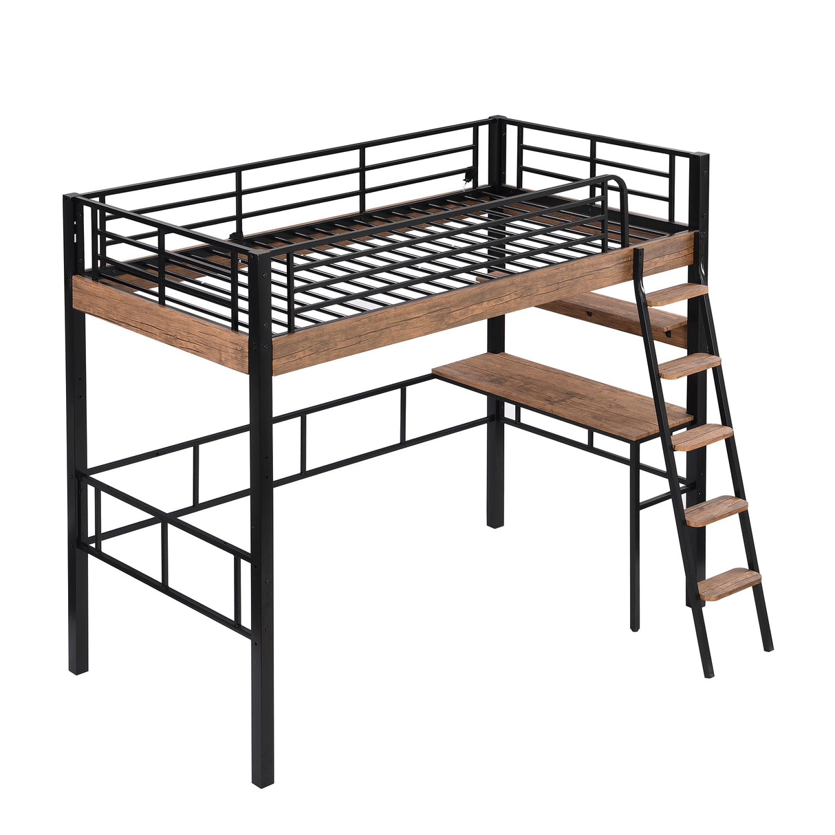 Ball & Cast Metal Twin Loft Bed with Safety Guard & Ladder,Sturdy Metal Bedframe W/Built-in Desk & Storage Shelf,Space Saver,No Box Spring Required,Bedroom Furniture for Boys Girls Teens Adult,Black Ball & Cast