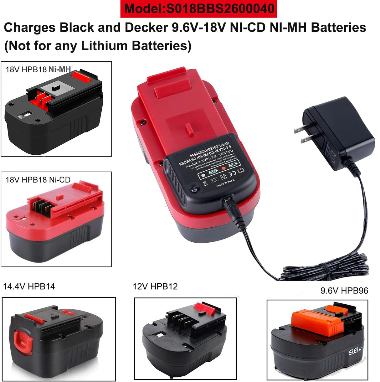 Replace for Black and Decker 18V Battery Charger 90556254-01 9.6V-18V NiCad & NiMh Battery HPB12 FS12B HPB14 FSB14 HPB18 HPB18-OPE FSB18 HPB96 FSB96 Gonocop