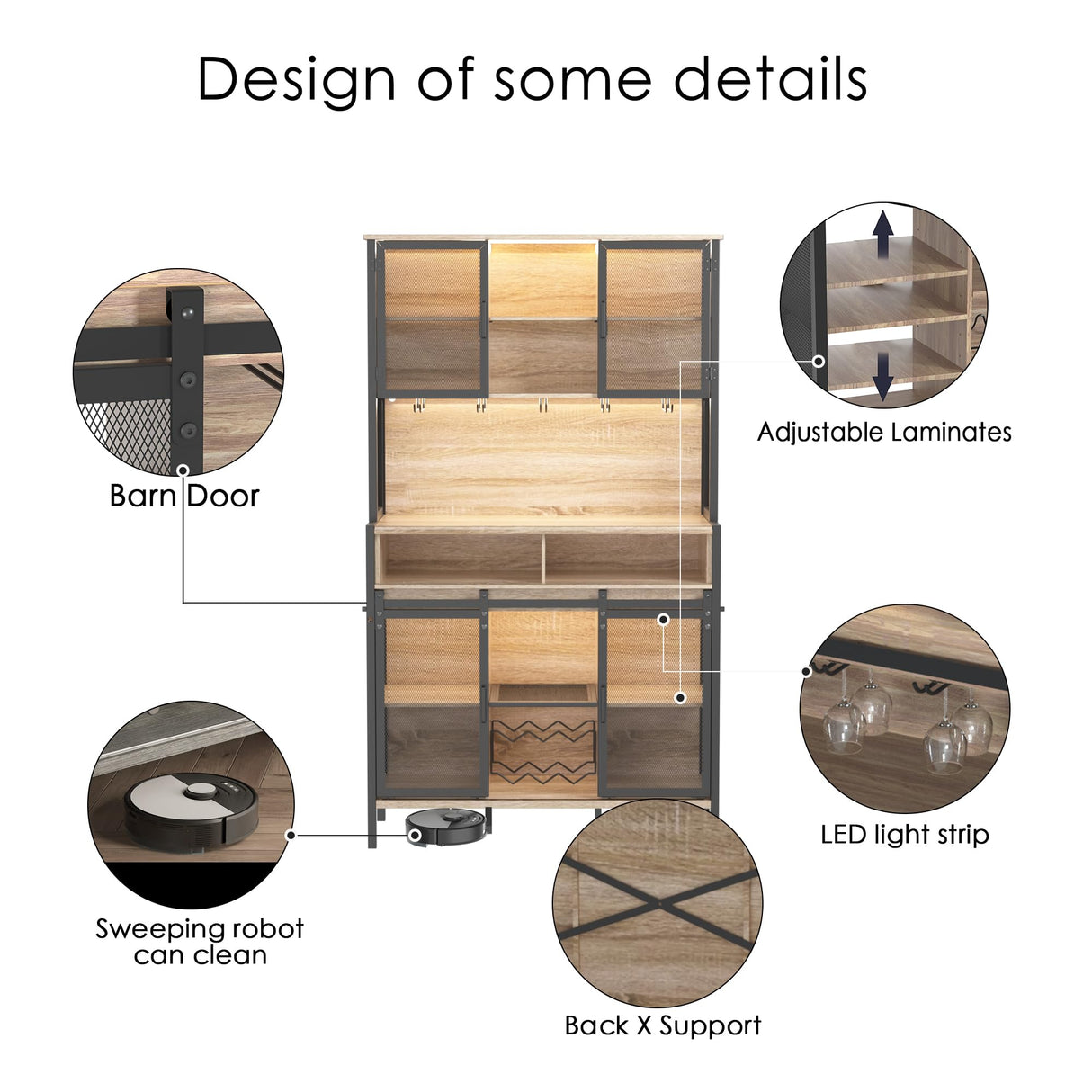 QNICE 72" Coffee & Wine Bar Cabinet with Sliding Barn Door, Farmhouse Buffet Cabinet with Wine Rack & Glass Holder, Led Storage Cabinet for Kitchen Living Dining Room (Rustic Oak) QNICE