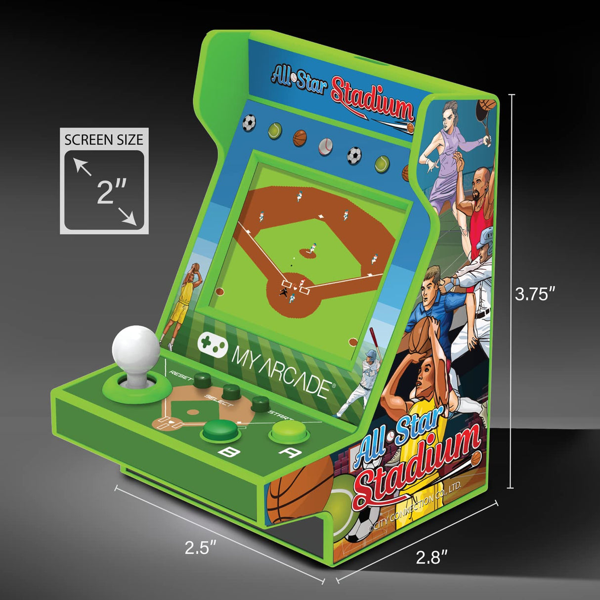 My Arcade All Star Stadium Pico Player- Fully Playable Portable Tiny Arcade Machine with 107 Retro Games, Toys for Kids, 2" Screen, Green, Small (DGUNL-4120) My Arcade