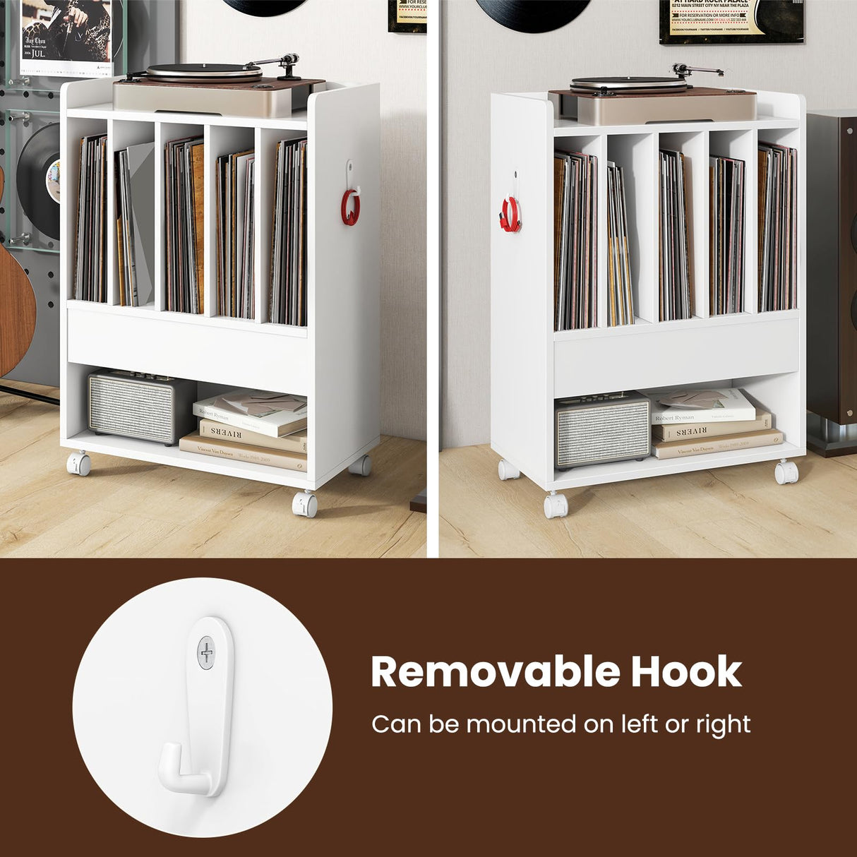 Giantex Record Player Stand, Rolling Turntable Stand with Drawer, Hook & Lockable Wheels, Vinyl Record Display Shelf Holds Up to 180 Albums, for Living Room Bedroom (White) Giantex