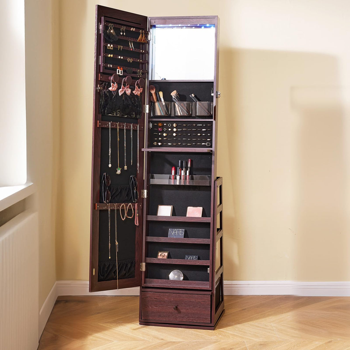VEVOR 360° Swivel Jewelry Cabinet Armoire, 63-Inch Tall Lockable Jewelry Organizer with Full-Length Mirror, LED Light, Velvet Lining, Drawer, Freestanding, Brown VEVOR