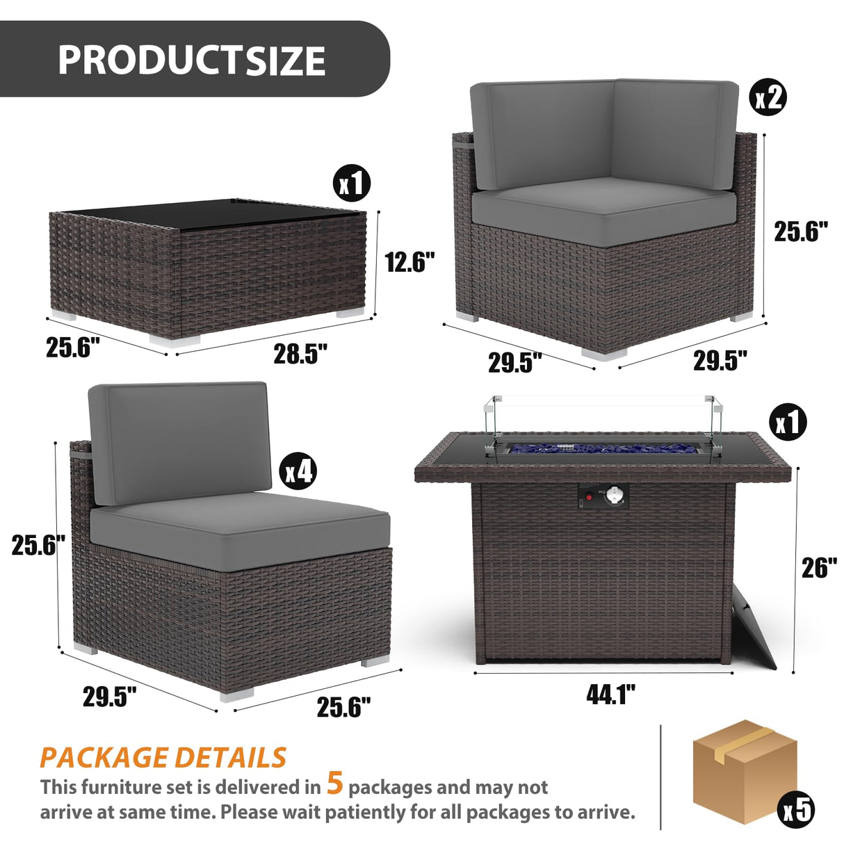 Vakollia 8 Pieces Patio Furniture Set with 44" Propane Gas Fire Pit Table, Outdoor Sectional Brown Rattan Wicker Conversation Sofa Sets with Coffee Table Vakollia