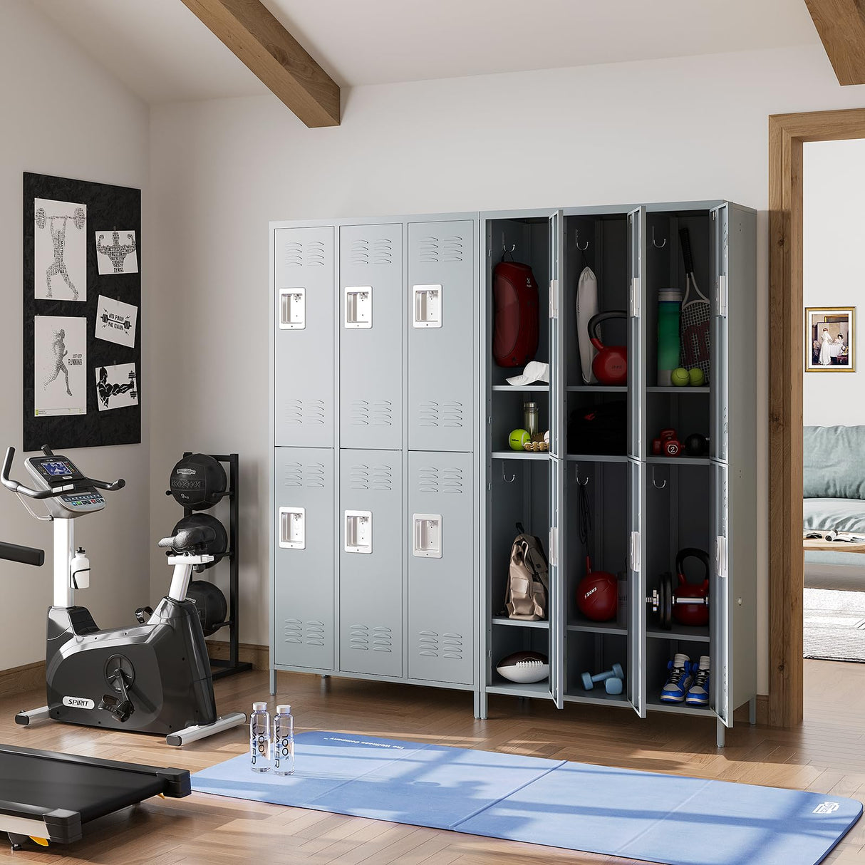 MIIIKO 2 Tier Metal Lockers 3-Wide, 72" x 36" x 16" Storage Locker Units with 6 Compartments, Large Employee Locker with Shelves, Lockable Doors and Hanging Hooks MIIIKO