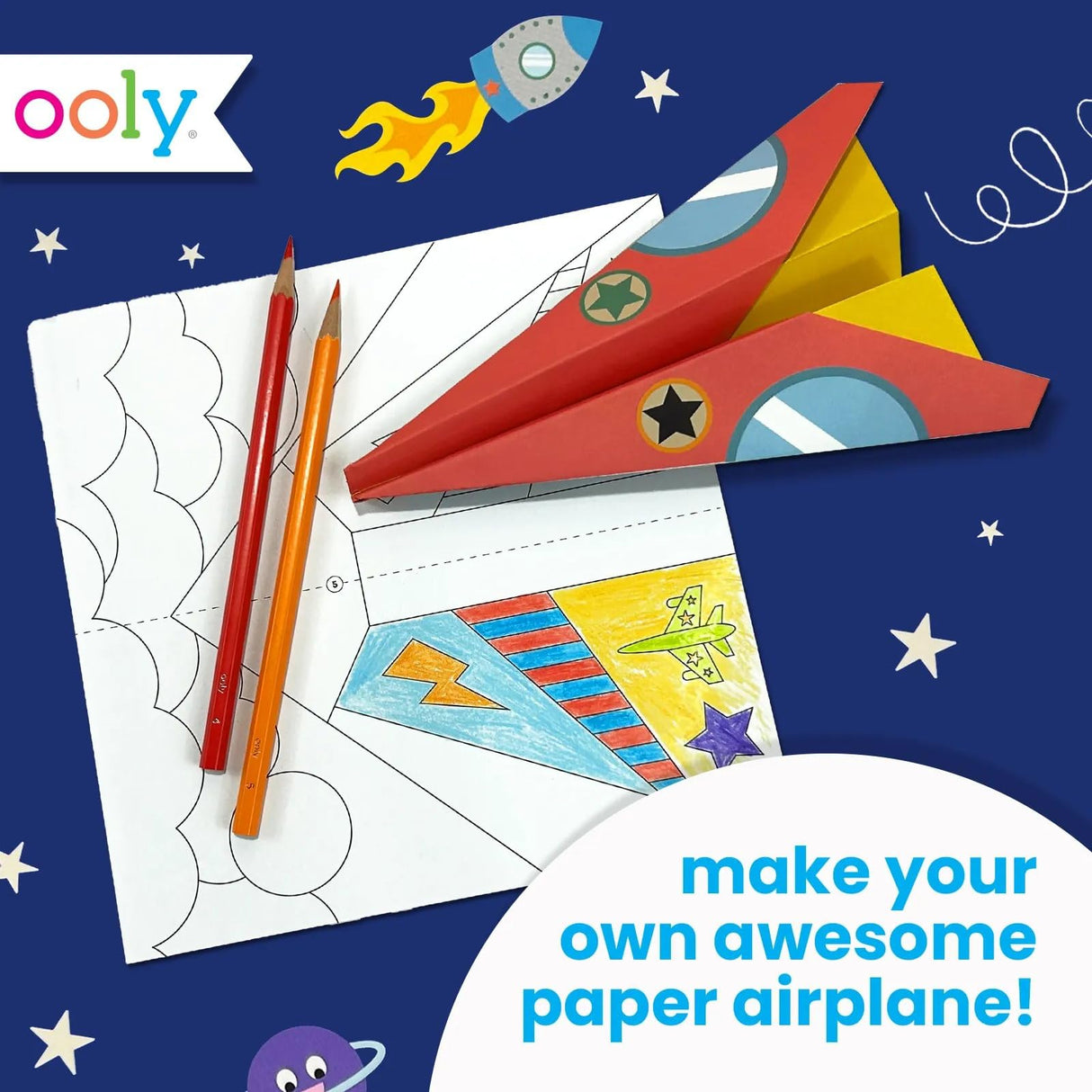 Ooly DIY Paper Airplane Book, 24 Paper Planes & Stickers, Kit Includes 12 Completed, 6 Blank and 6 Color-in Planes, Great Summer Crafts Activities for Boys and Girls Ooly
