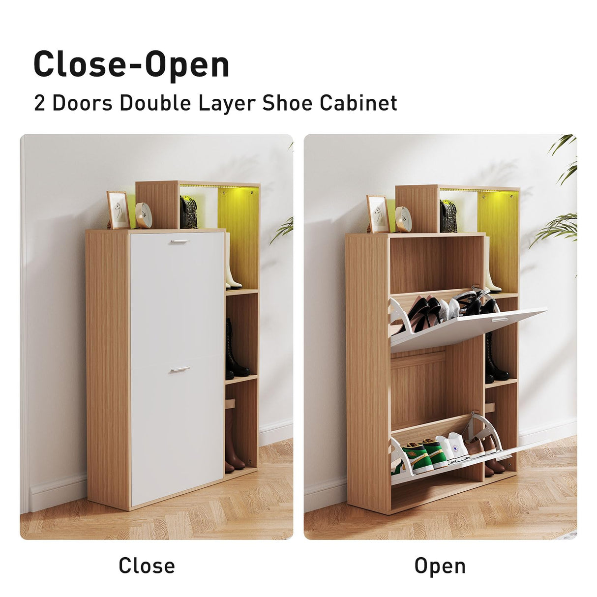 Bonzy Home Shoe Cabinet with 2 Flip Drawers, Modern Hidden Shoe Storage with LED Light, Freestanding Shoe Organizer Cabinet for Entryway, Hallway, Oak & White Bonzy Home