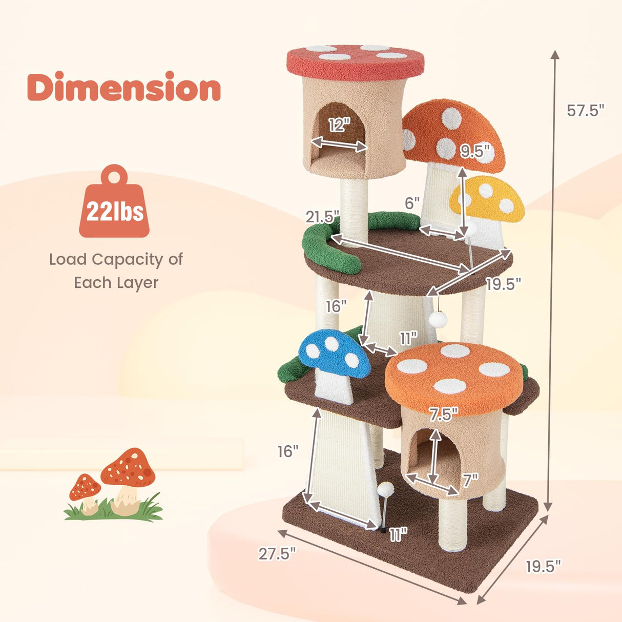 Tangkula Mushroom Cat Tree, Multi-Level Cute Cat Tower with Full-Wrapped Sisal Posts, Scratching Boards & Interactive Balls, 2 Cat Condo, Flower Cat Tree Tower for Indoor Cats Large Adult (57.5 Inch) Tangkula