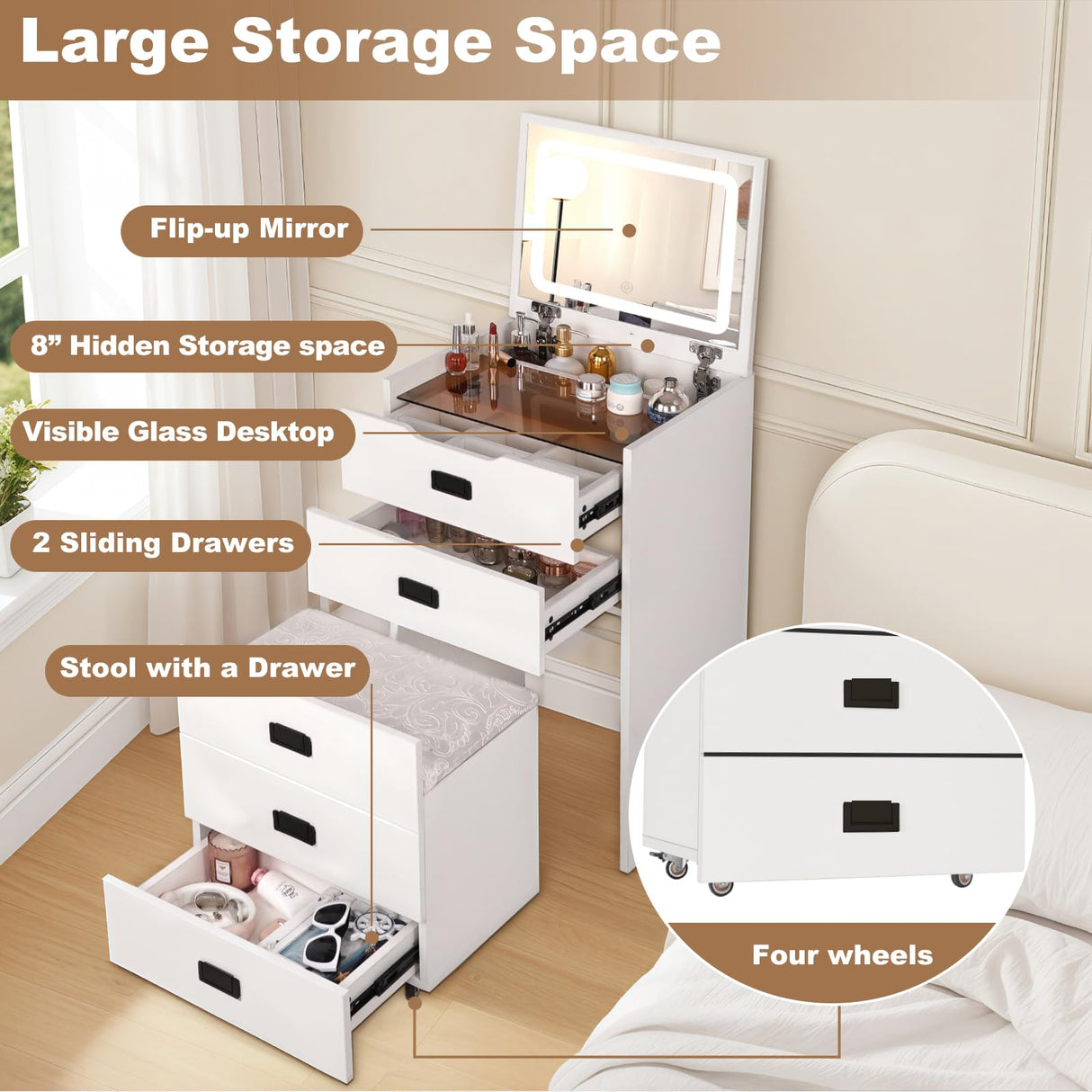 HVCBOSS 3 in 1 Vanity Desk with Flip Top Mirror, Small Make Up Vanity Set with Visible Glass Desktop, Compact Makeup Vanity with 3 Drawers, Cushioned Tool, Dressing Table for Bedroom HVCBOSS