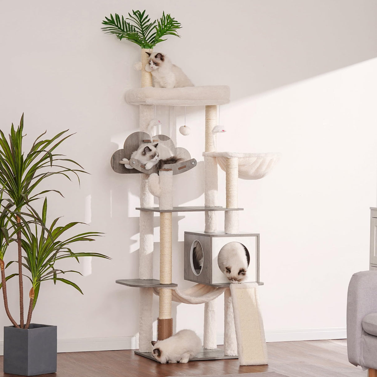 Hebly Wood Cat Tree for Indoor Cats, Cat Condo for Large Cats with Self Groomer,Modern Cat Scratching Tower with Basket,Hammock,Dangling Ball and Leaves,Rustic Gray HCT120SG Heybly