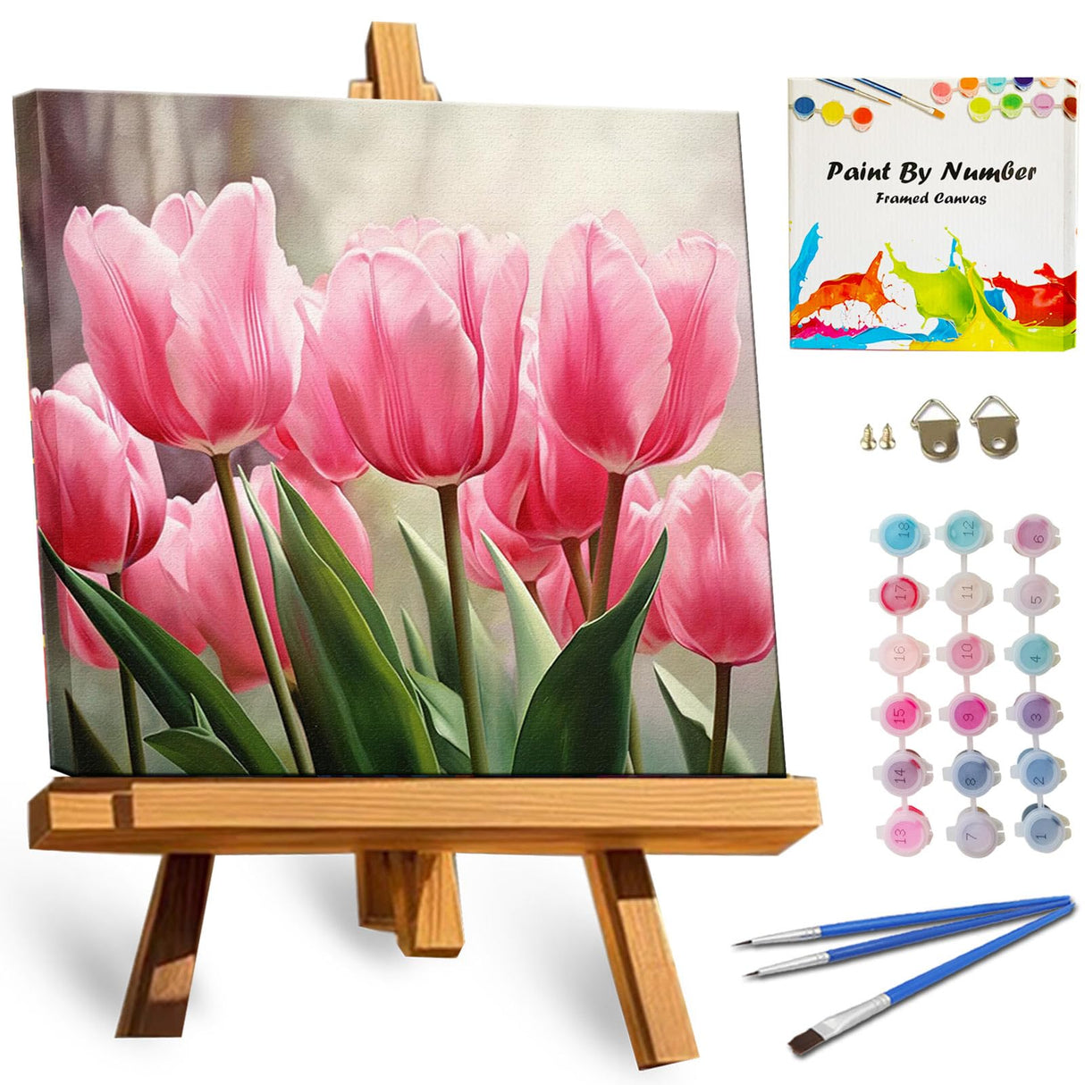 TOCARE Framed Paint by Numbers Kit for Adults Beginner, Tulip Paint by Number with Frame, Small Simple Oil Paint by Numbers Framed Canvas Flowers for Home Wall Decor (10x10 Inch, Without Easel) TOCARE
