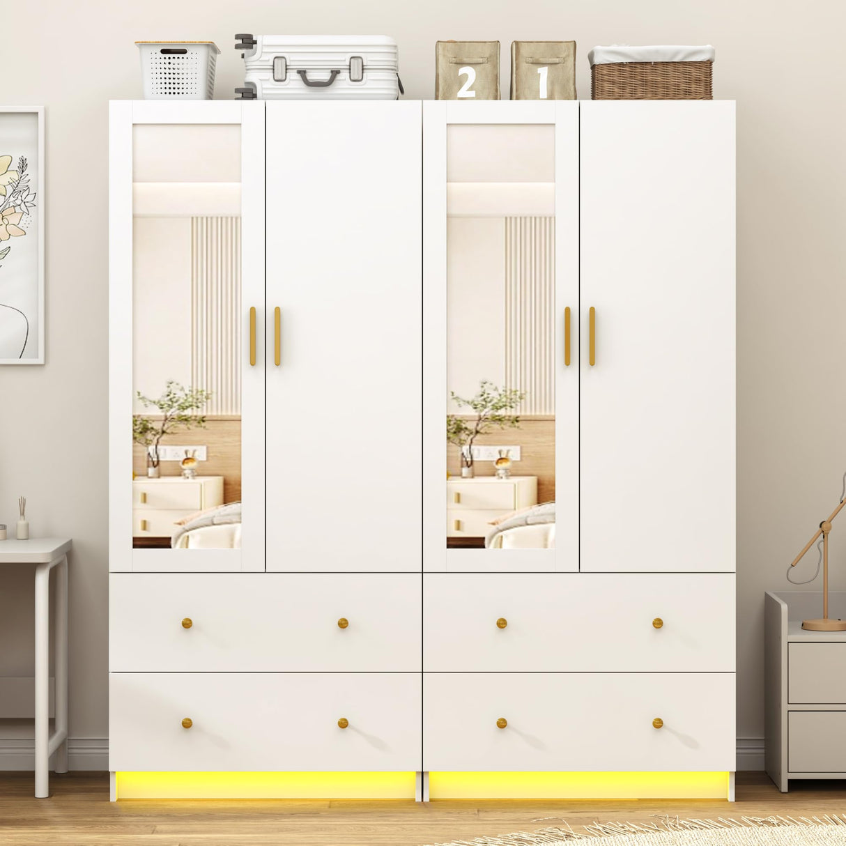 jiteentarou 2 Door Wardrobe Closet with Mirrors and LED Lights, Small Bedroom Armoire with Drawers, Modern Wooden Armoire Wardrobe Closet with Hanging Rod for Bedroom, White jiteentarou