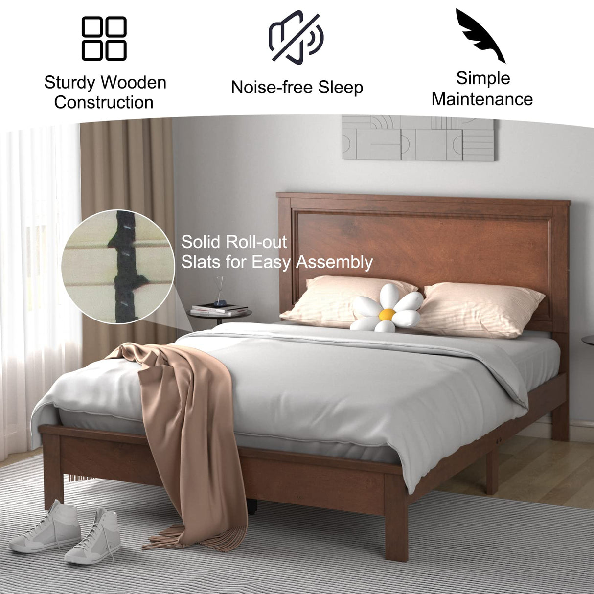 KOMFOTT Mid Century Solid Wood Full Bed Frame with Headboard & Slatted Mattress Support KOMFOTT