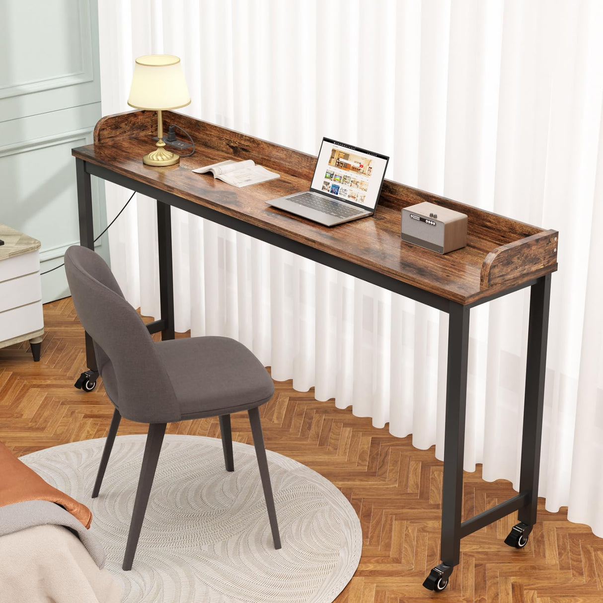 70.8" Standing Desk with Charging Station, Extra Long Desk on Wheels for Standing and Sitting, Sofa Table Behind Couch with Power Outlets and USB Ports, Easy Assembly, Walnut Ytaoka