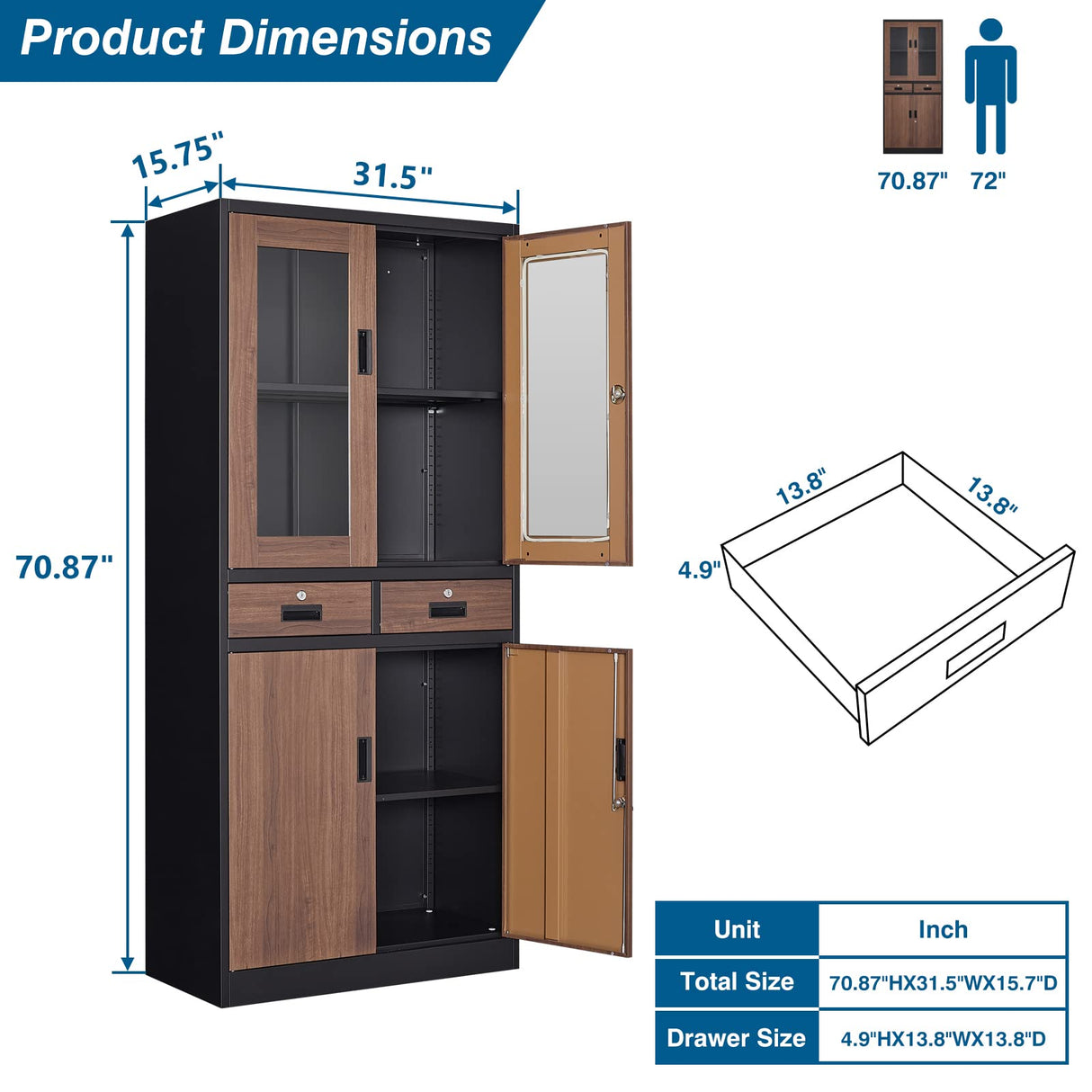 PEUKC Kitchen Pantry Cabinet, 71" Freestanding Kitchen Pantry Storage Cabinet with Drawer and Adjustable Shelves, Metal Tall Pantry Cabinet Cupborad with Glasses Doors, Wood Color PEUKC