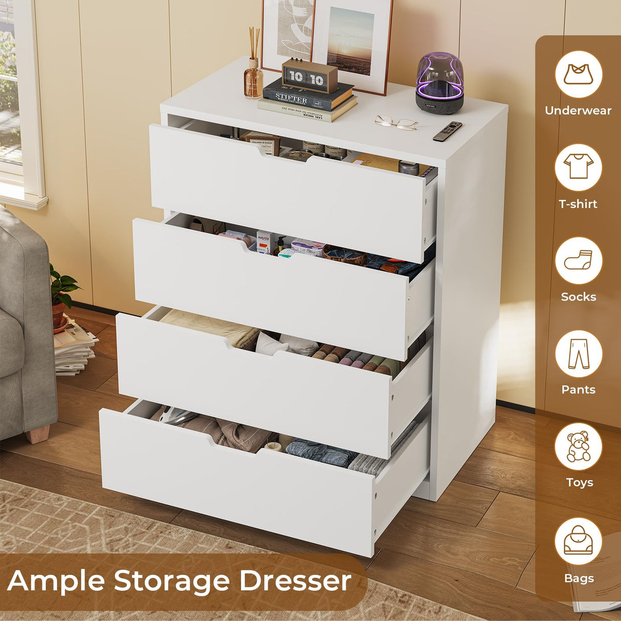 BTHFST 4 Drawers White Dresser for Bedroom, Modern Wood Chest of Drawers 4 Drawer Dresser with Large Capacity for Living Room, Closet, Hallway, Entryway BTHFST