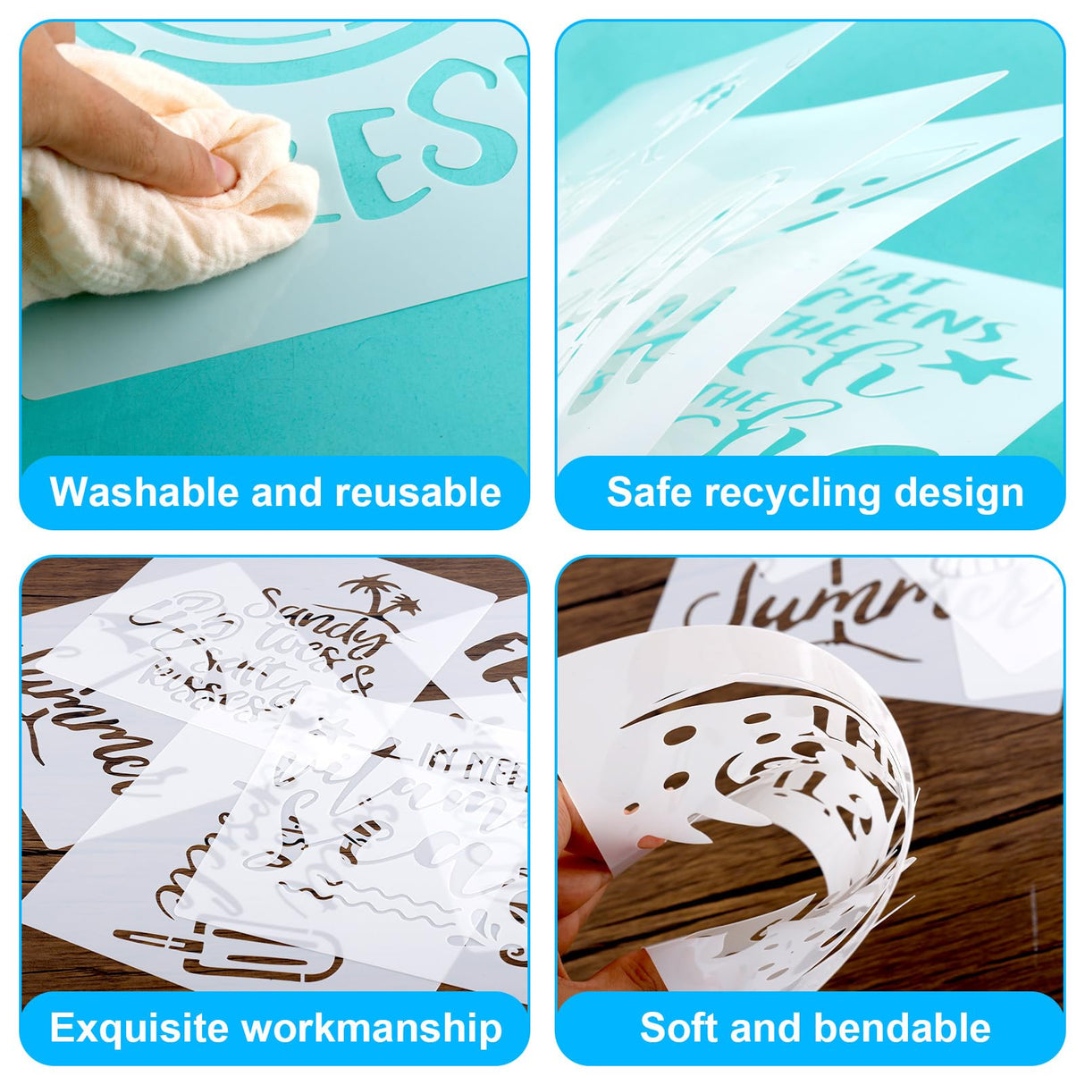 16pcs Beach Theme Stencils for Painting, 8in Reusable Plastic Ocean Stencils Perfect for DIY Summer Beach Art on Wood Fabric and Walls Tinoaly