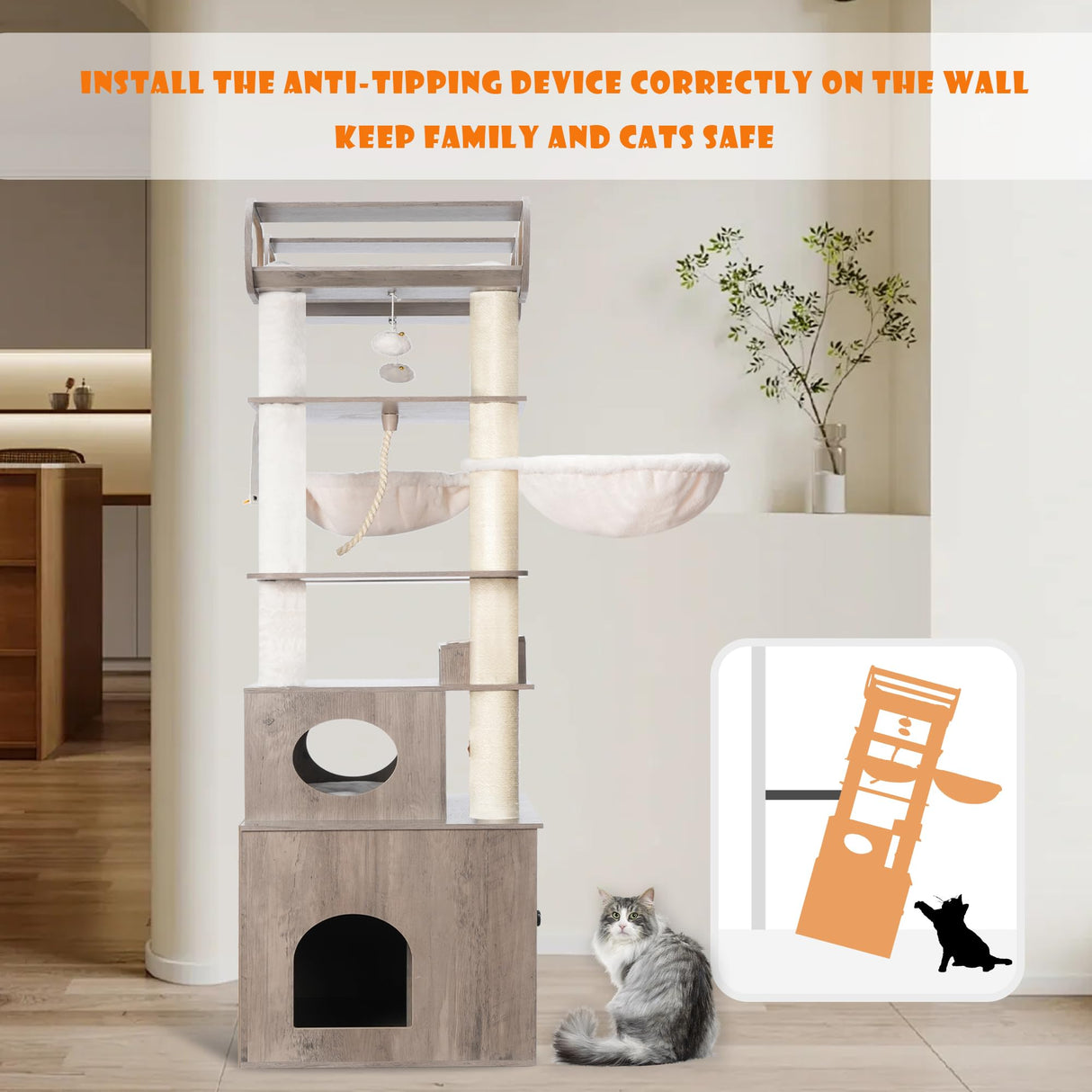 Heybly Cat Tree with Litter Box Enclosure, 76.8-inch Wooden mainecoons Cat Tower with Food Station,Extra Large Platforms, Modern Big Cat Condo Furniture with All-sisal Scratching Post, Greige HCT111SG Heybly