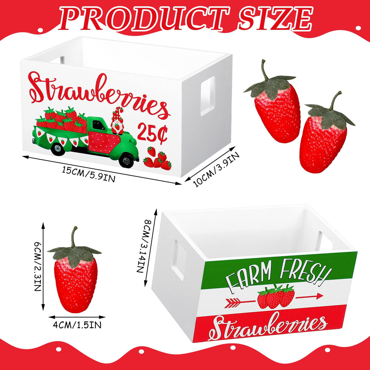 Marsui Tiered Tray Decor Mini Wooden Crate Rustic Farmhouse Wood Box with Decorative 8 Faux Strawberry Sunflower Lemons for Summer Home Party Decor Table Centerpiece(Strawberry Style) Marsui