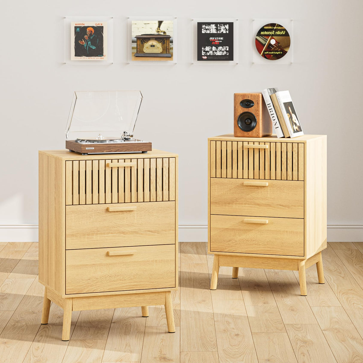 Aobafuir 3 Drawer Dresser for Bedroom, Fluted Nightstand Modern Closet Dressers Chest of Drawers, Wood Oak 3 Drawer Storage Chest for Bedroom, Hallway, Living Room Aobafuir