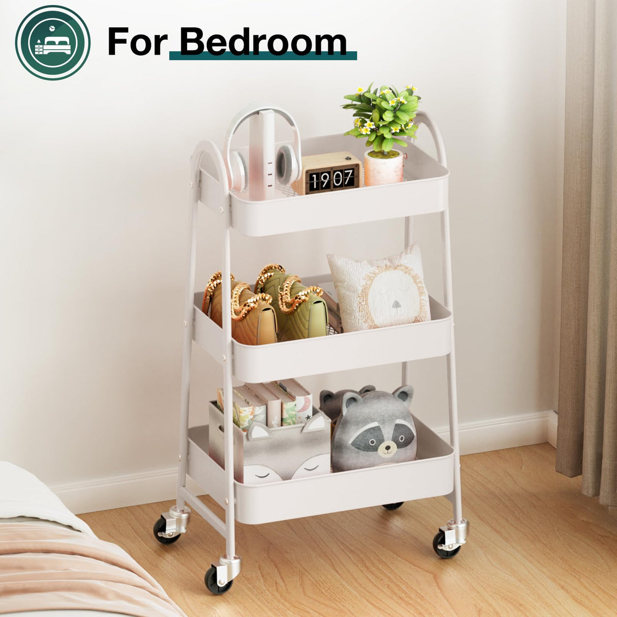 SMUG 3 Tier Rolling Cart - Metal Utility Carts on Lockable Caster Wheels, Mobile Storage Shelves Organizer for Livingroom, Bathroom, Kitchen, Bedroom & Narrow Places, White SMUG