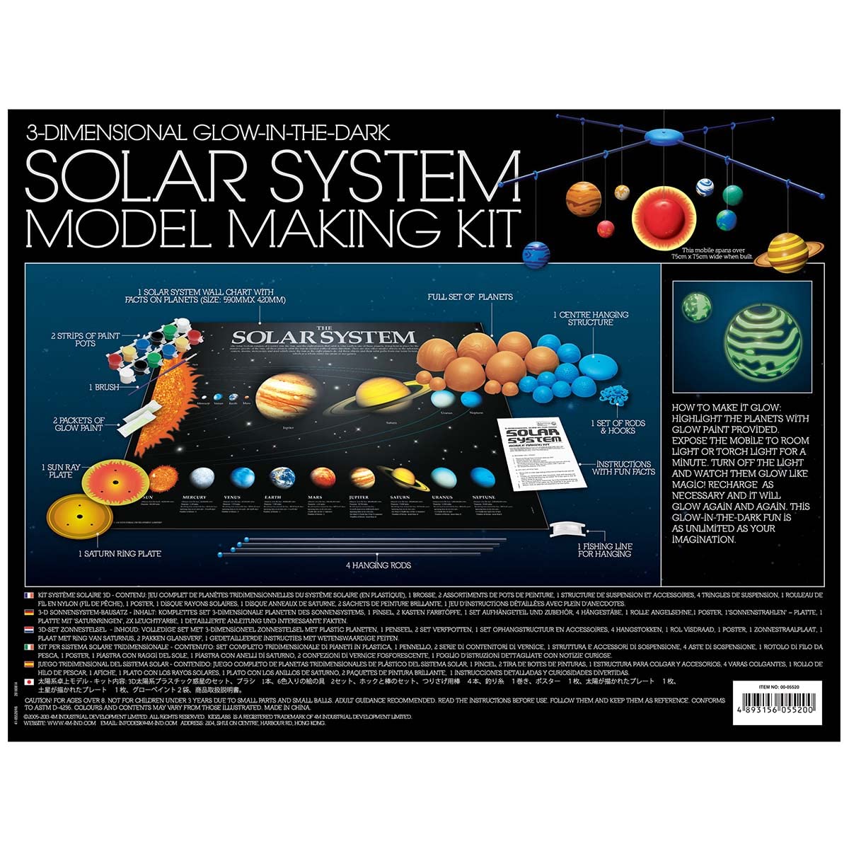 4M 3D Glow-in-the-Dark Solar System Mobile Making Kit - DIY Science Astronomy Learning Stem Toys Educational Gift for Kids & Teens, Girls & Boys 4M