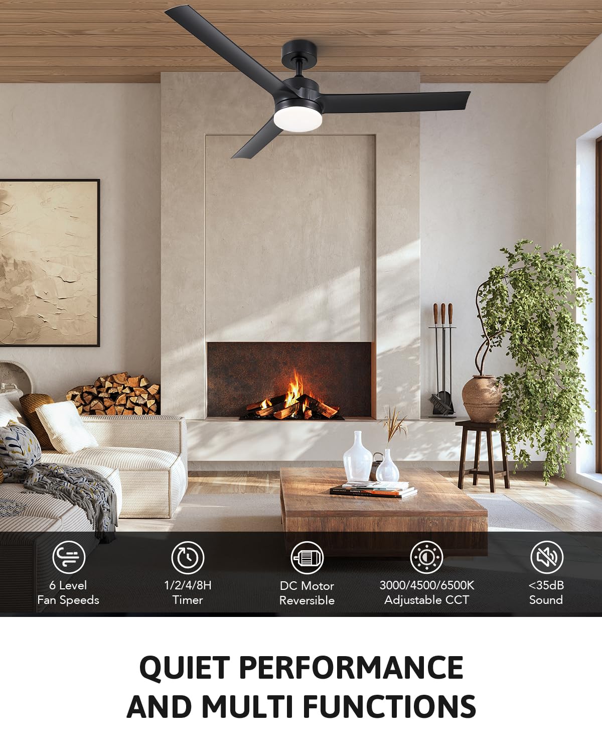 VONLUCE Ceiling Fans with Lights and Remote, 52 Inch Black Ceiling Fan, 3 Blades 6-Speeds Noiseless Reversible DC Motor, Modern Ceiling Fan for Farmhouse Bedroom Patio, Black VONLUCE