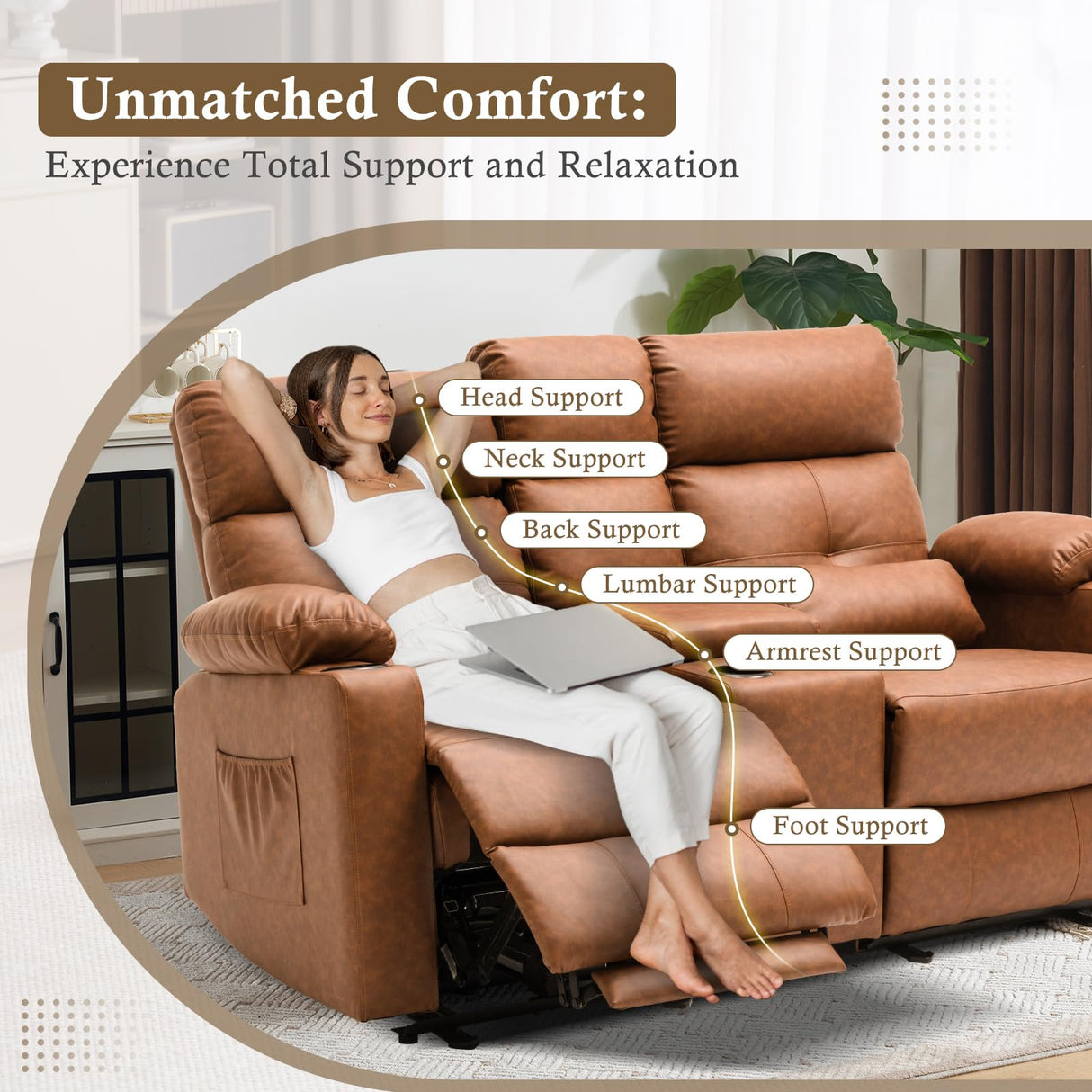 PALLOME Power Loveseat Recliner Sofa with Console, Loveseat Reclining Sofa with Heat & Massage, Home Theater Seating with Lumbar Pillow for Living Room, RV Recliner Loveseat(PU, Yellowish Brown) PALLOME