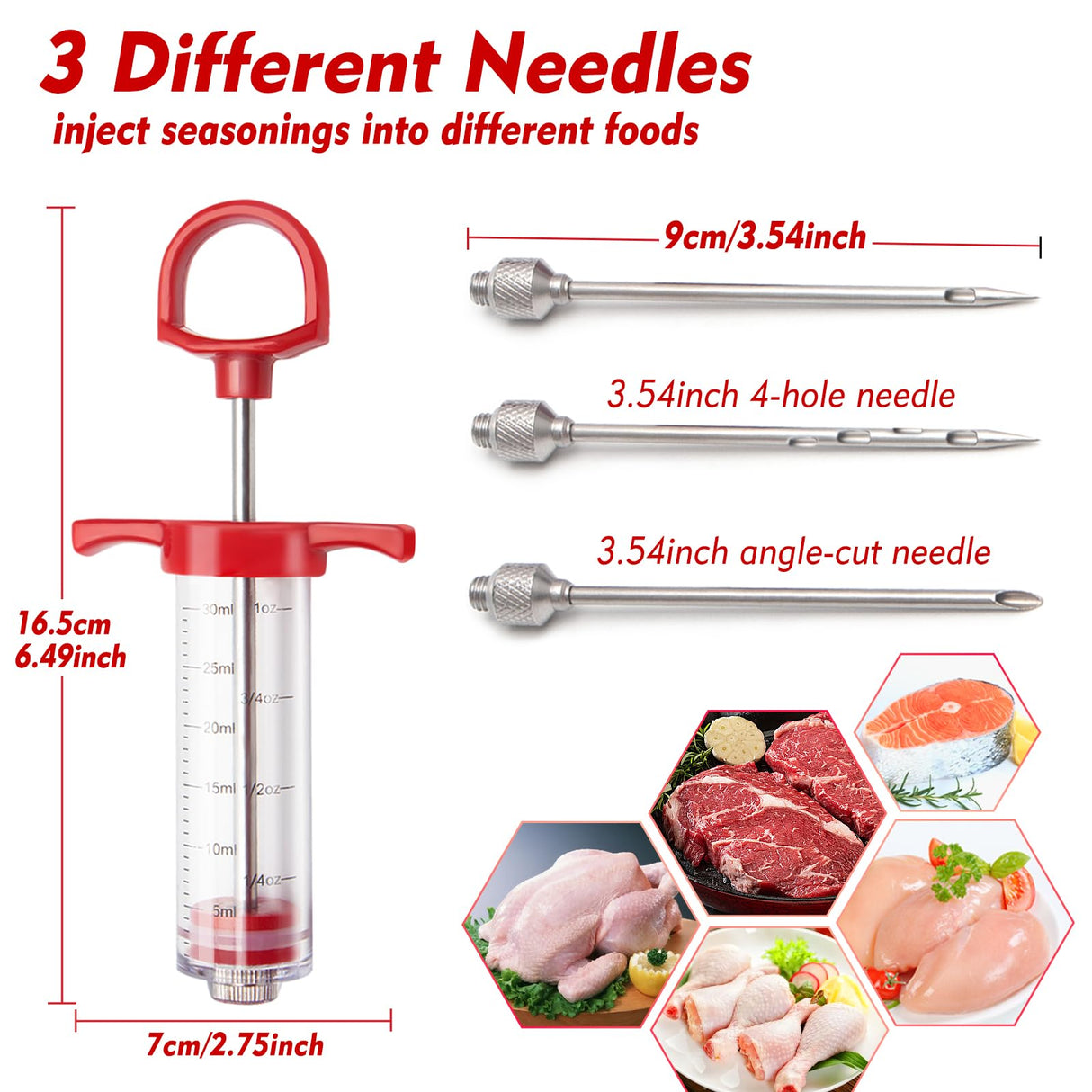 Meat Injector, TGE-V 1-oz Plastic BBQ Marinade Injector Kit, Turkey Injector Syringe (3 Stainless Steel Meat Needles +3 Replacement O Rings + 1 Cleaning Brush) for Turkey Smoked BBQ Grill GRILL BUMP