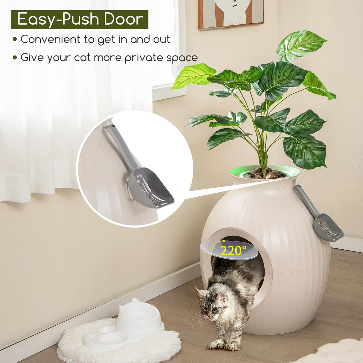 Tangkula Hidden Litter Box Plant, Cat Litter Box Enclosure Furniture with Odor Removal System, 4 Modes Lights, Artificial Plant, Pebbles, Door, Scoop, Planter Litter Box for Large Cats, Easy to Clean Tangkula