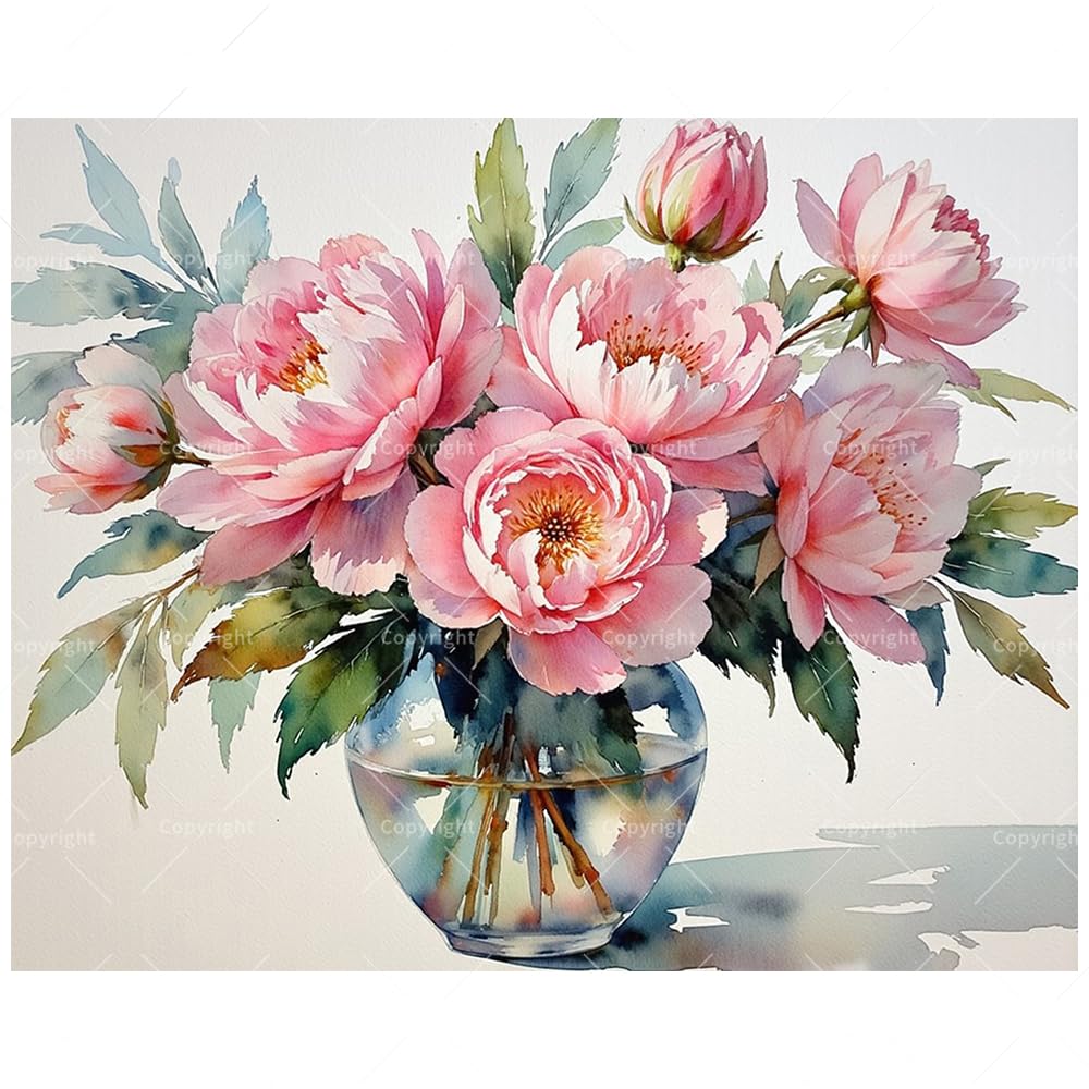 Peony Bloom Paint by Numbers Kit for Adults - DIY Pink Flowers in Glass Vase and Petals Falling Painting on Canvas 16x20 Inches, Acrylic Paint Set for Beginners, Art for Home Decoration Gift TAOPAOLAB