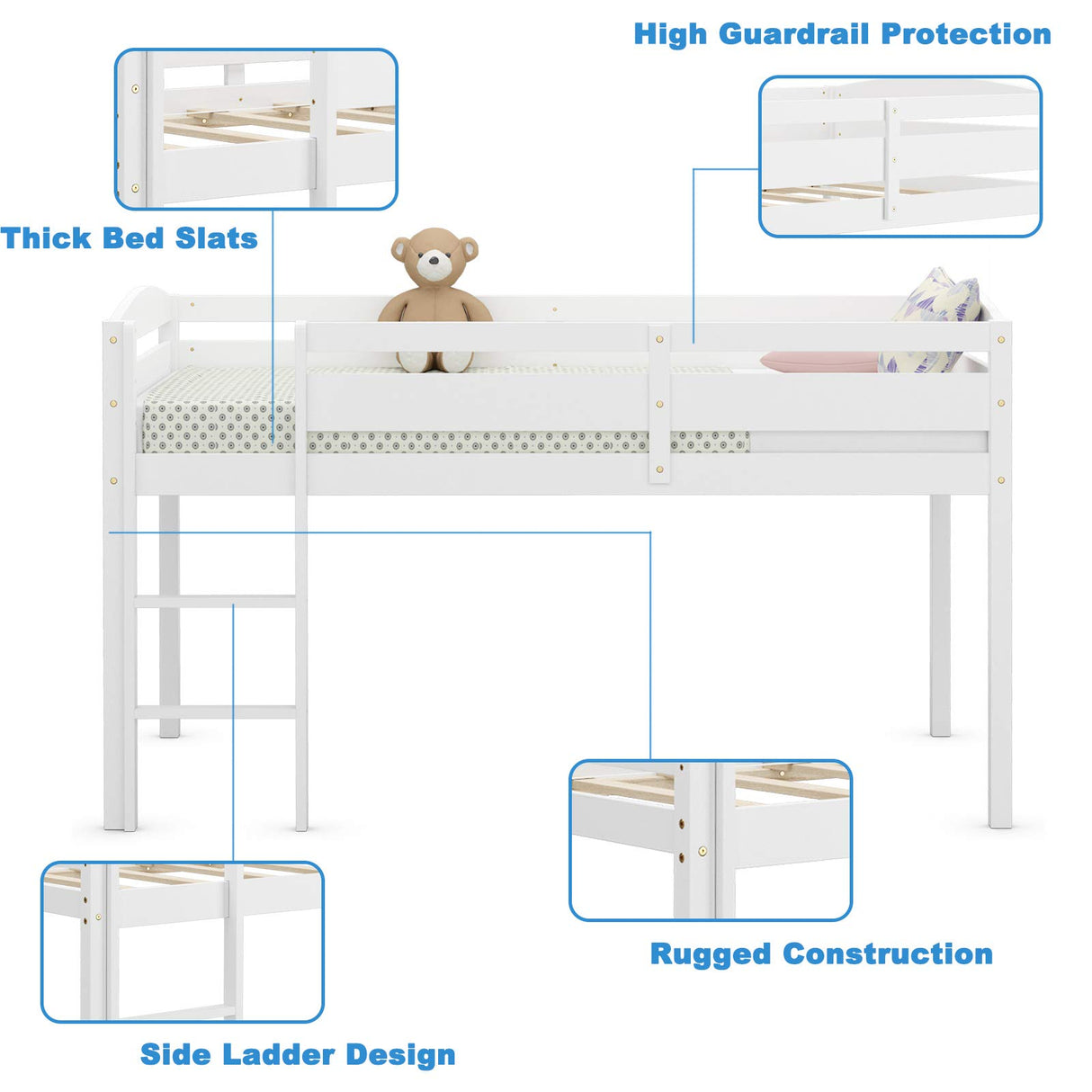 Costzon Twin Loft Bed, Solid Wood Low Loft Bed w/Guard Rail and Ladder, Boys & Girls Twin Bed for Kids Room, No Box Spring Needed, Classic Children Low Loft Bed with Storage for Bedroom, White Costzon