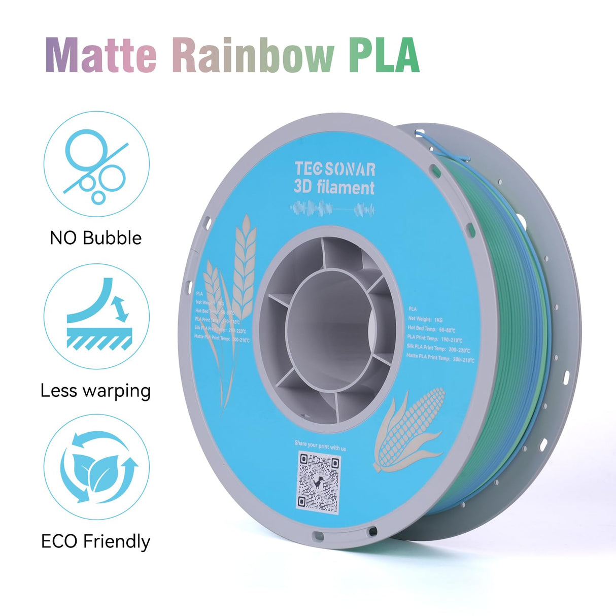 TECSONAR TECSONAR Matte Rainbow PLA 3D Printer Filament, 1KG Spool(2.2lbs) 1.75mm PLA Fast Color Change 3D Printing Material, Multicolor Gradient Filament for Most FDM 3D Printers,Matte Rainbow TECSONAR