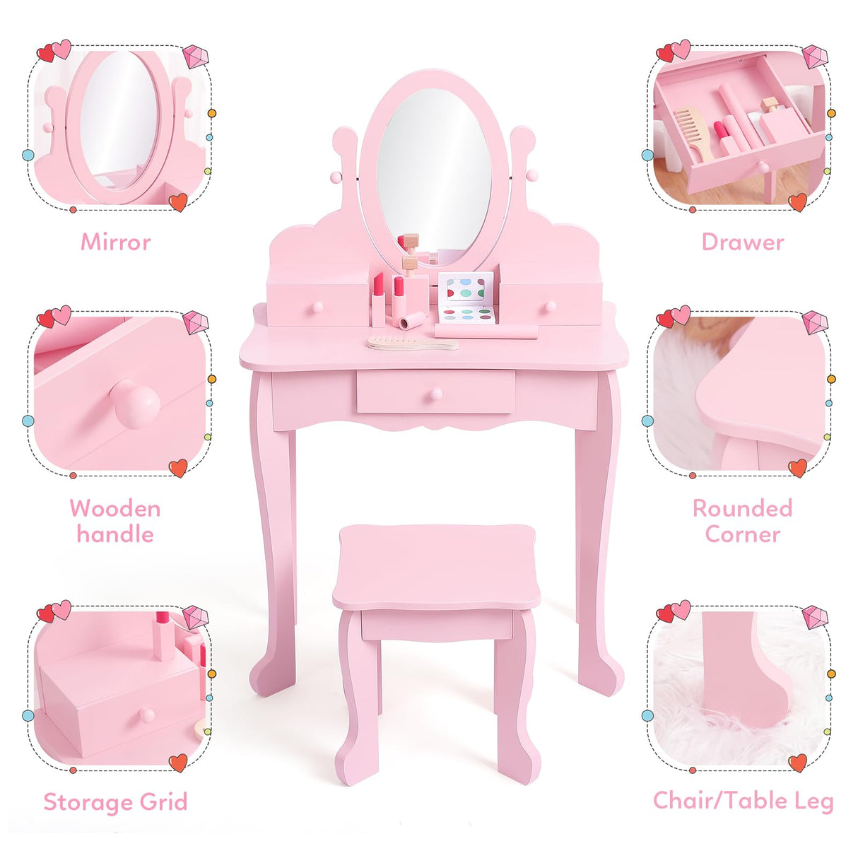 GarveeHome Kids' Vanity Set with Mirror, Makeup Table and Stool for Girls, Vanity Desk and Chair with Wood Makeup Playset for 4-9 Girls, Pink GarveeHome