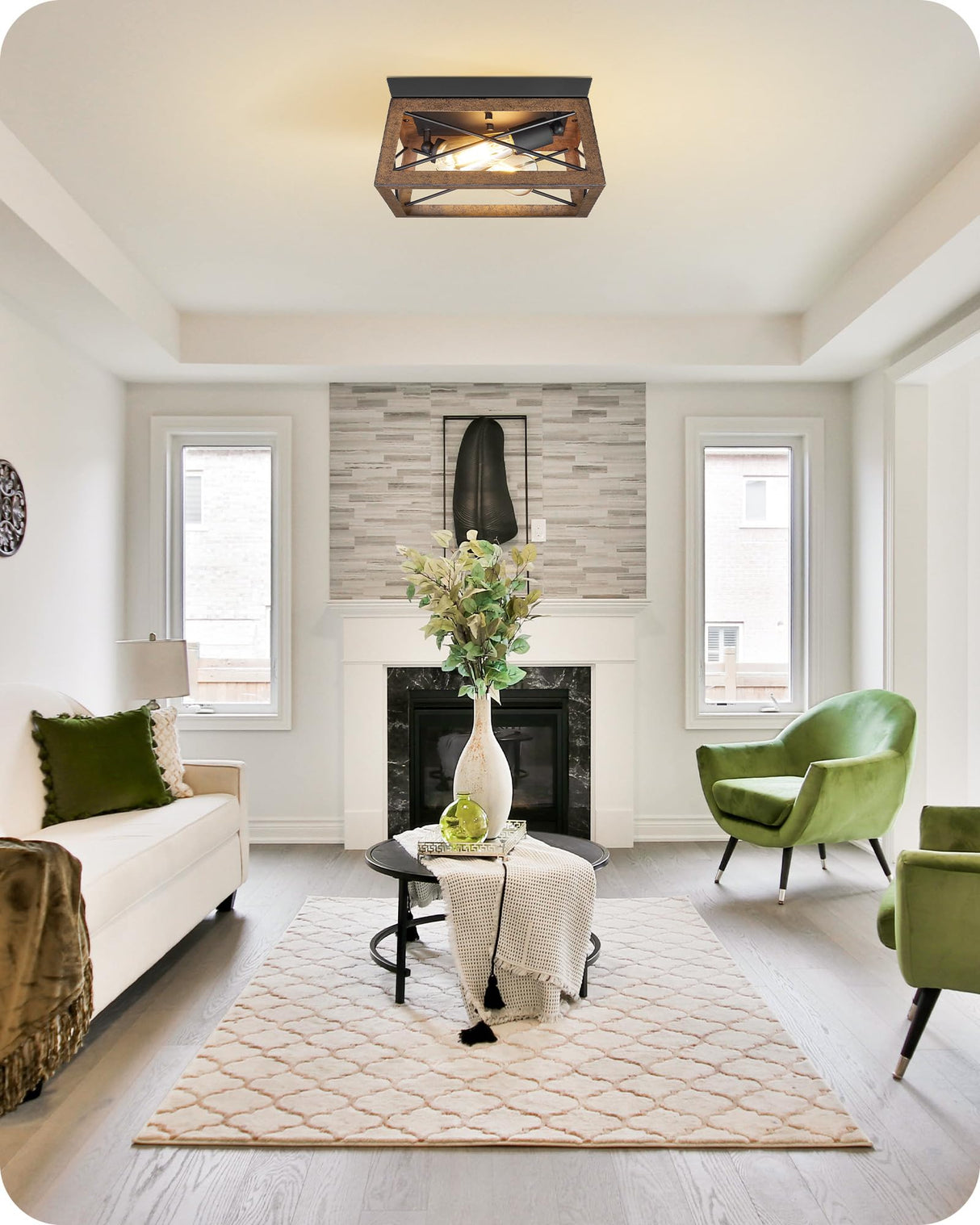 GOEBLESON Light Fixtures Ceiling Flush Mount, Farmhouse Hallway Close to Ceiling Light, Metal Frame Wood Grain, Rustic 2-Light Light Fixtures for Dining Room, Kitchen, Living Room, Brown Black GOEBLESON